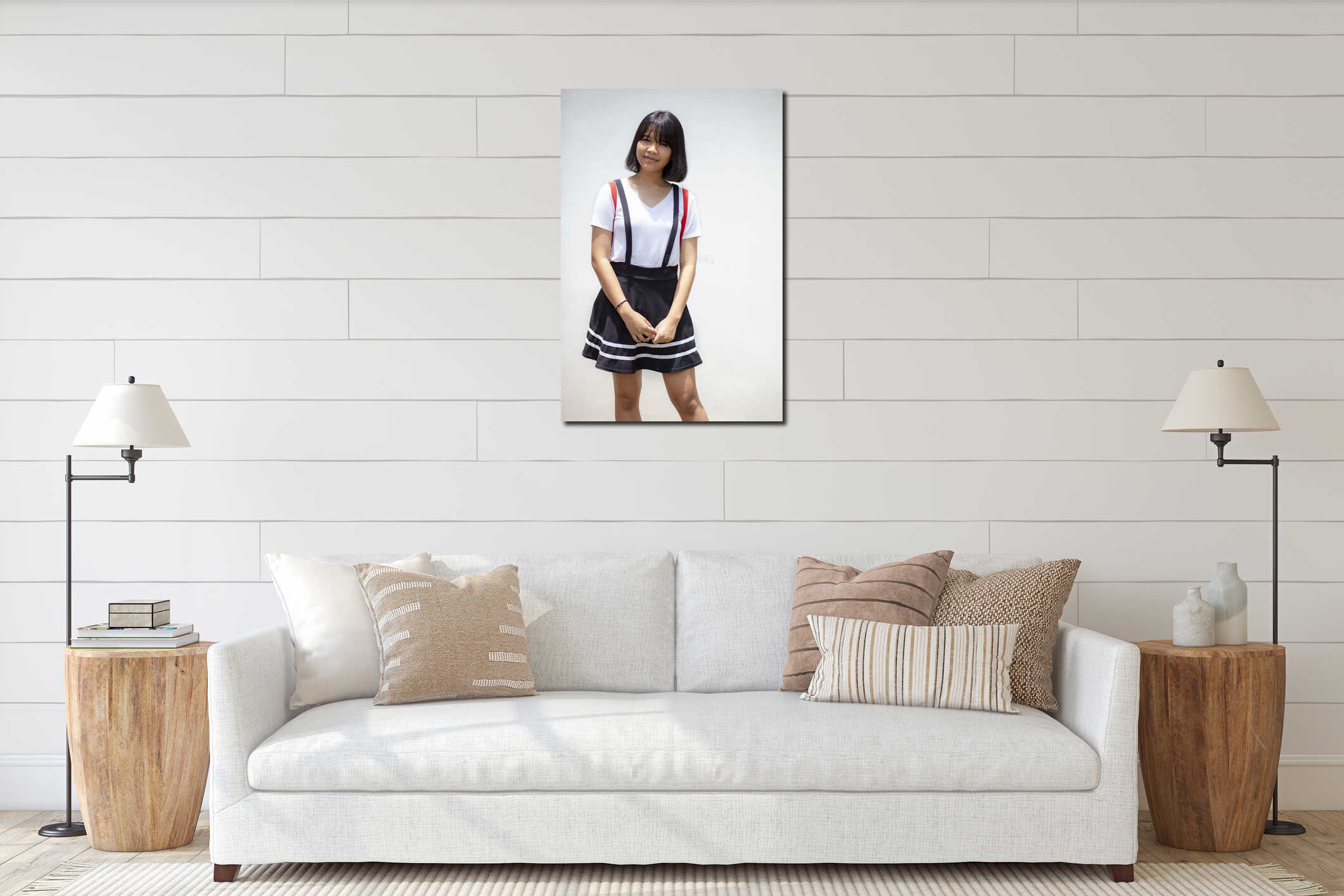 Portrait pretty asian teenager standing against white wall interior mockup