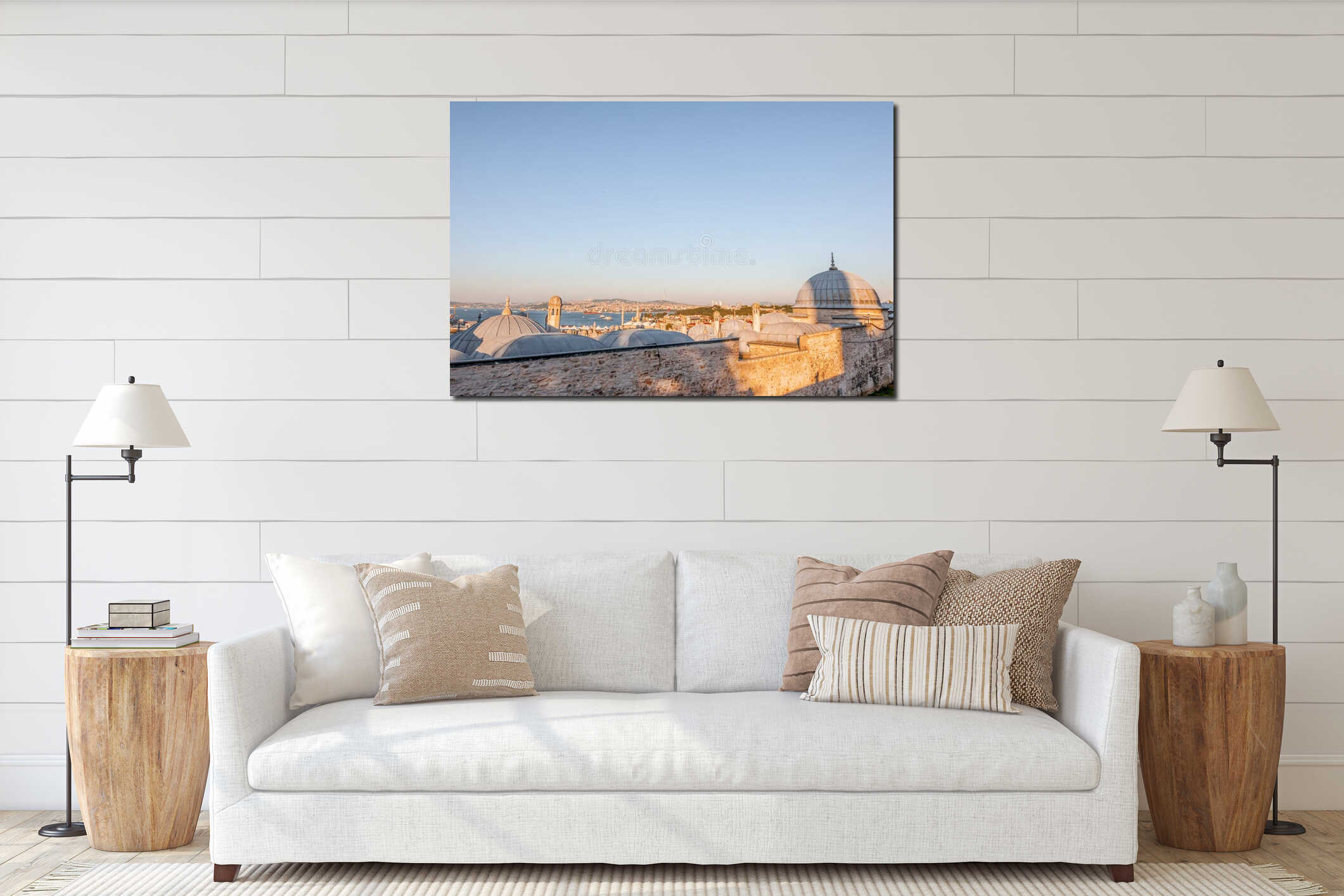 Panoramic cityscape of Istanbul from Suleymaniye Mosque overlooking the Golden Horn or Halic interior mockup