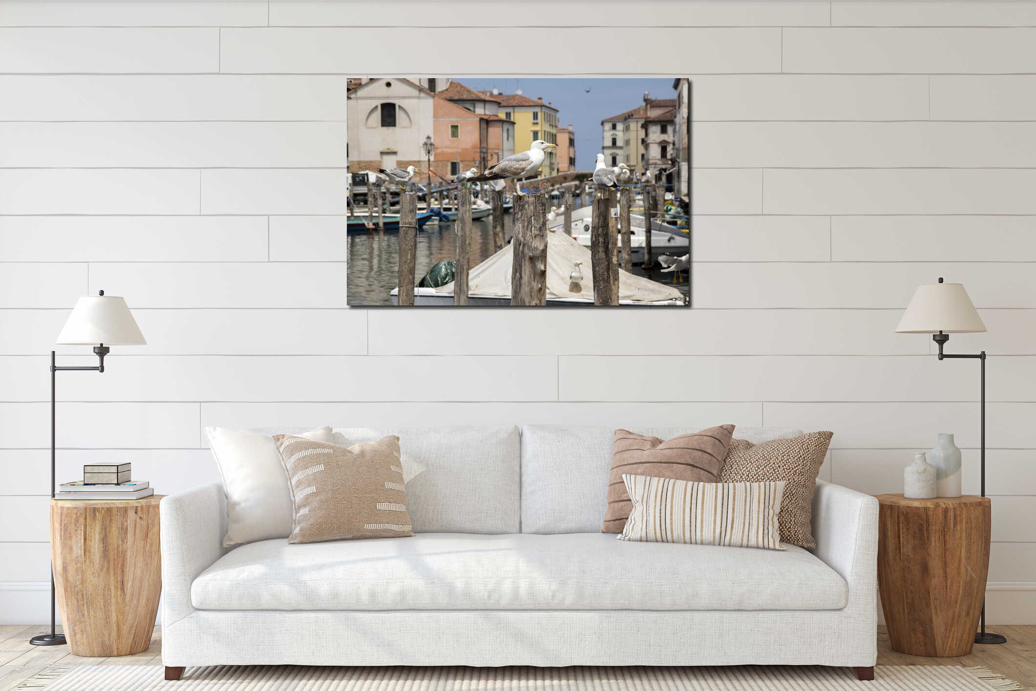 Larus michahellis, Yellow-legged gulls on bricole in italian town Chioggia interior mockup