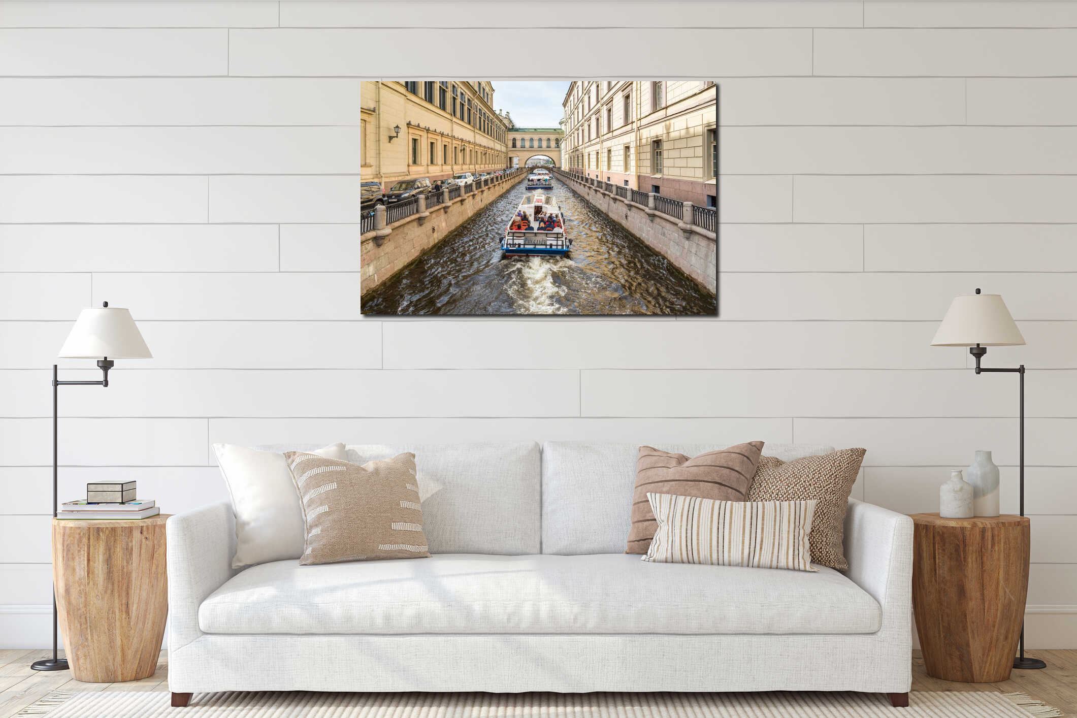 Cruise passenger ships floating on Neva river canals in Saint Petersburg, Russia interior mockup