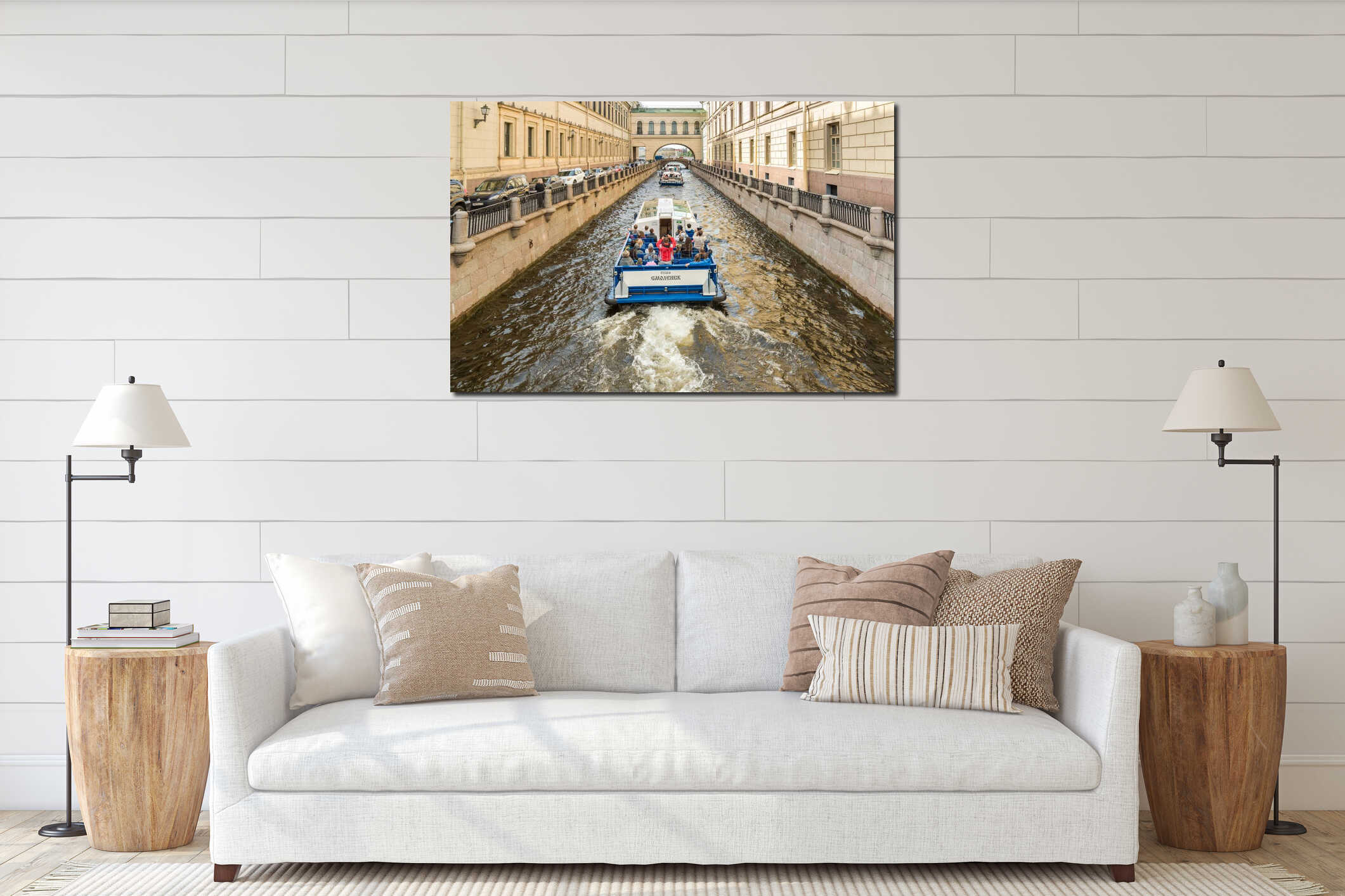 Cruise passenger ships floating on Neva river canals in Saint Petersburg, Russia interior mockup