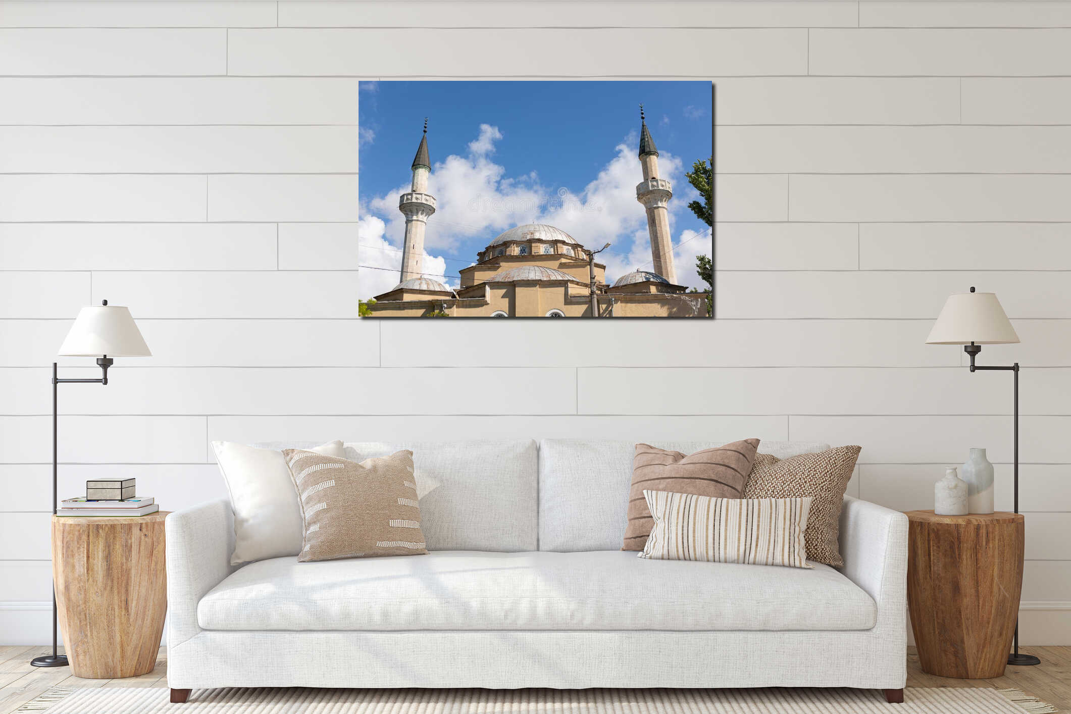 The dome of the mosque and two minarets against the blue sky with clouds, the religion interior mockup