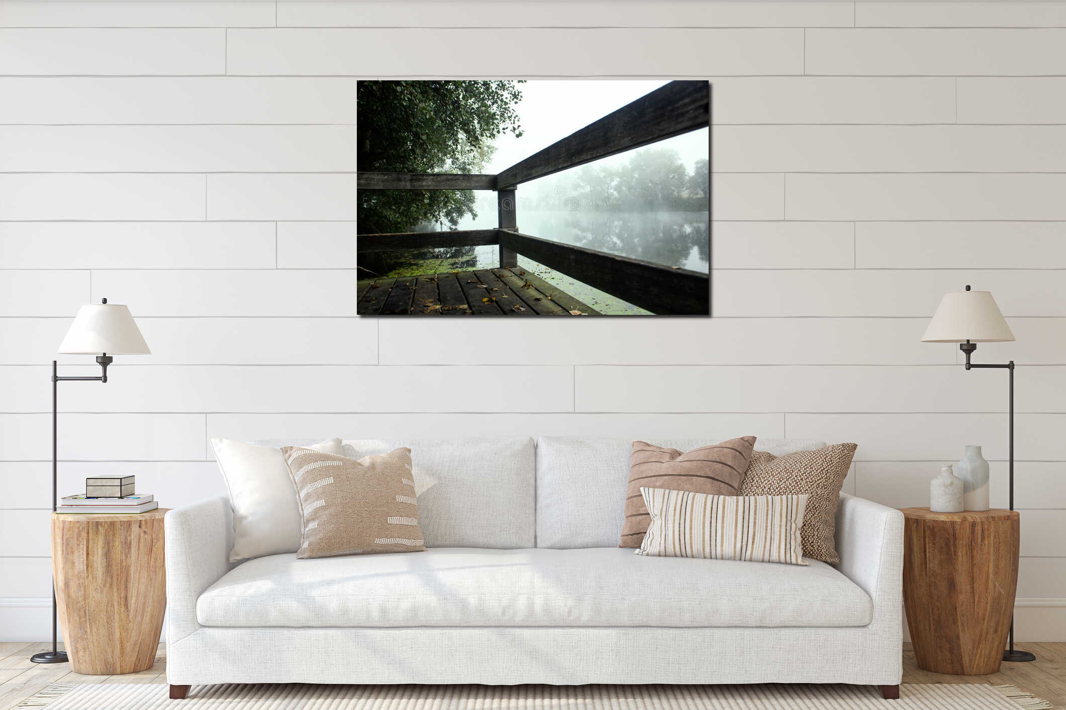 Wooden pier on a foggy river interior mockup
