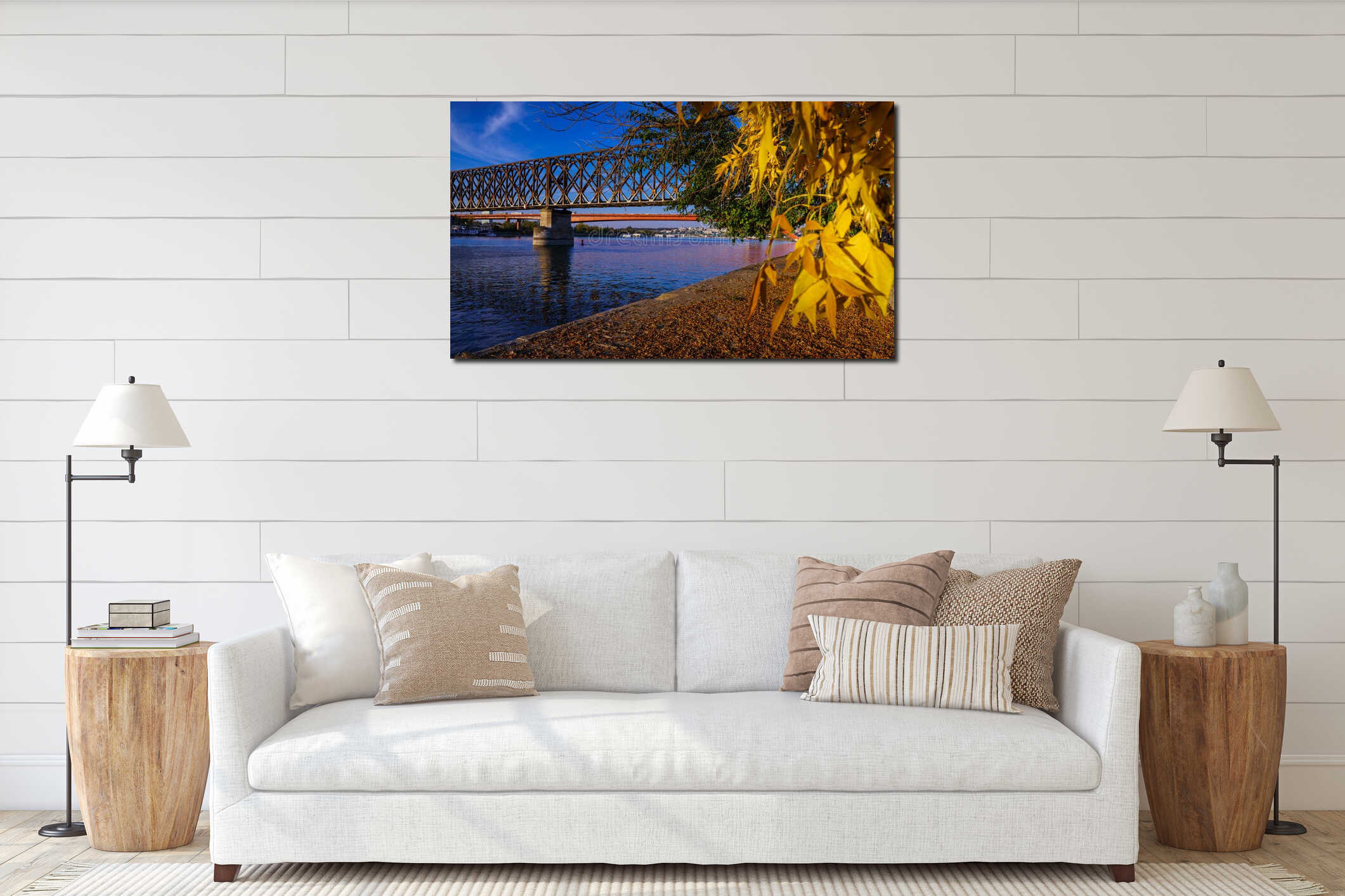 Railway and Gazela bridges Sava River, Belgrade, Serbia, autumn yellow foliage interior mockup