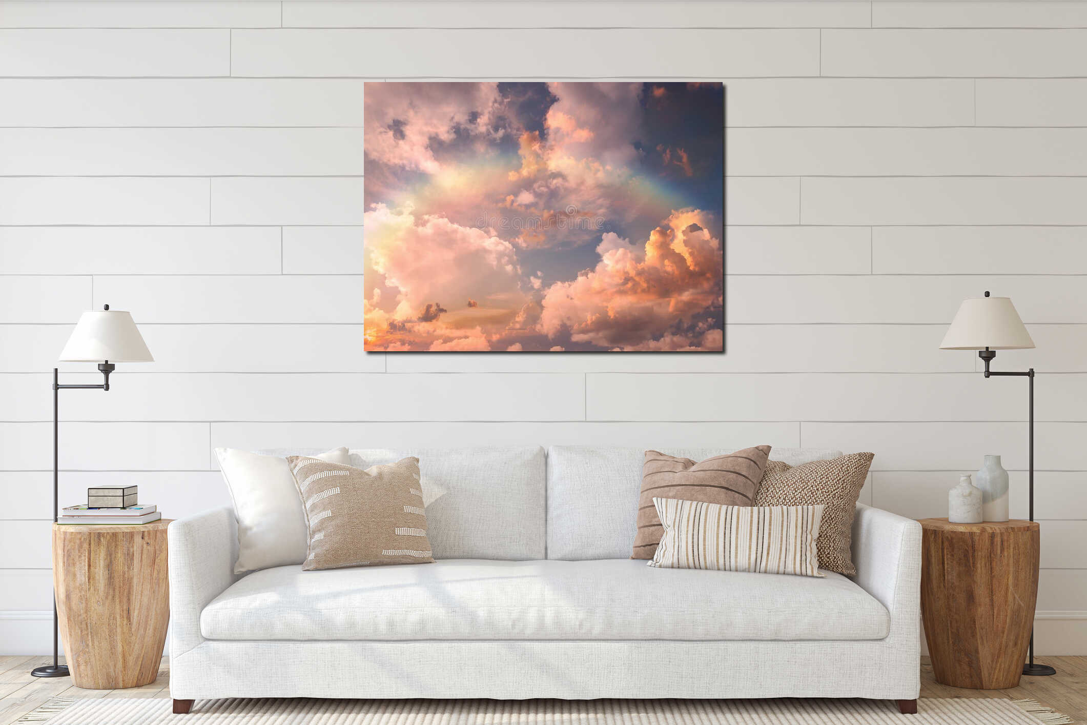 Rainbow at blue pink sunset sky fluffy clouds and sunlight beams skyline  nature landscape weather forecast interior mockup