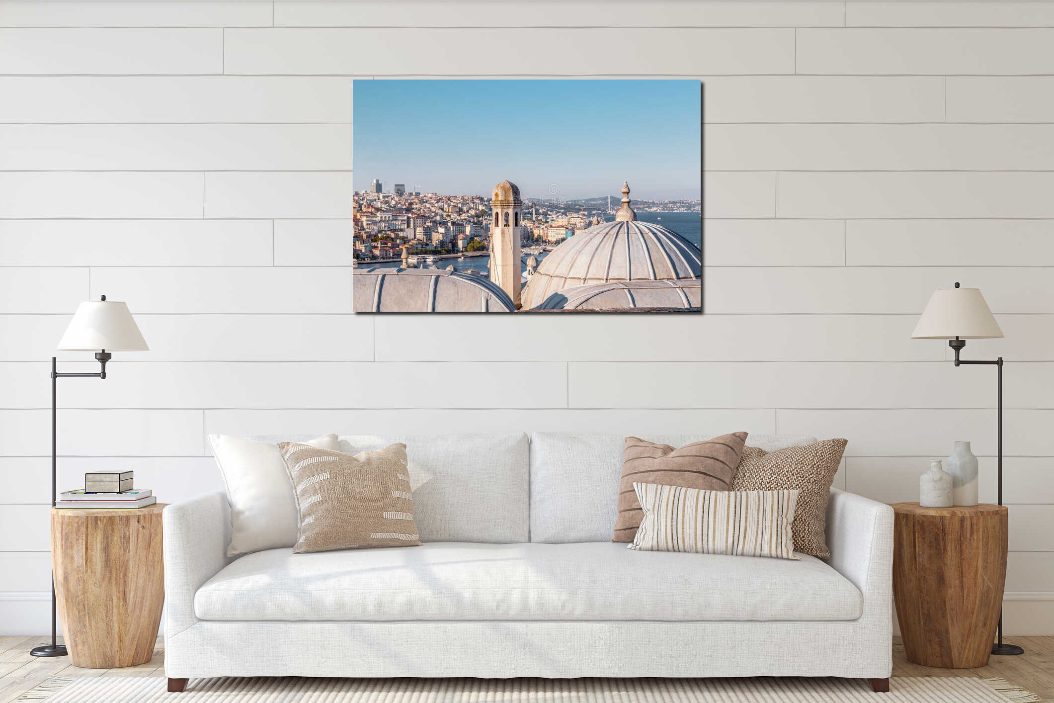Panoramic cityscape of Istanbul from Suleymaniye Mosque overlooking the Golden Horn or Halic interior mockup