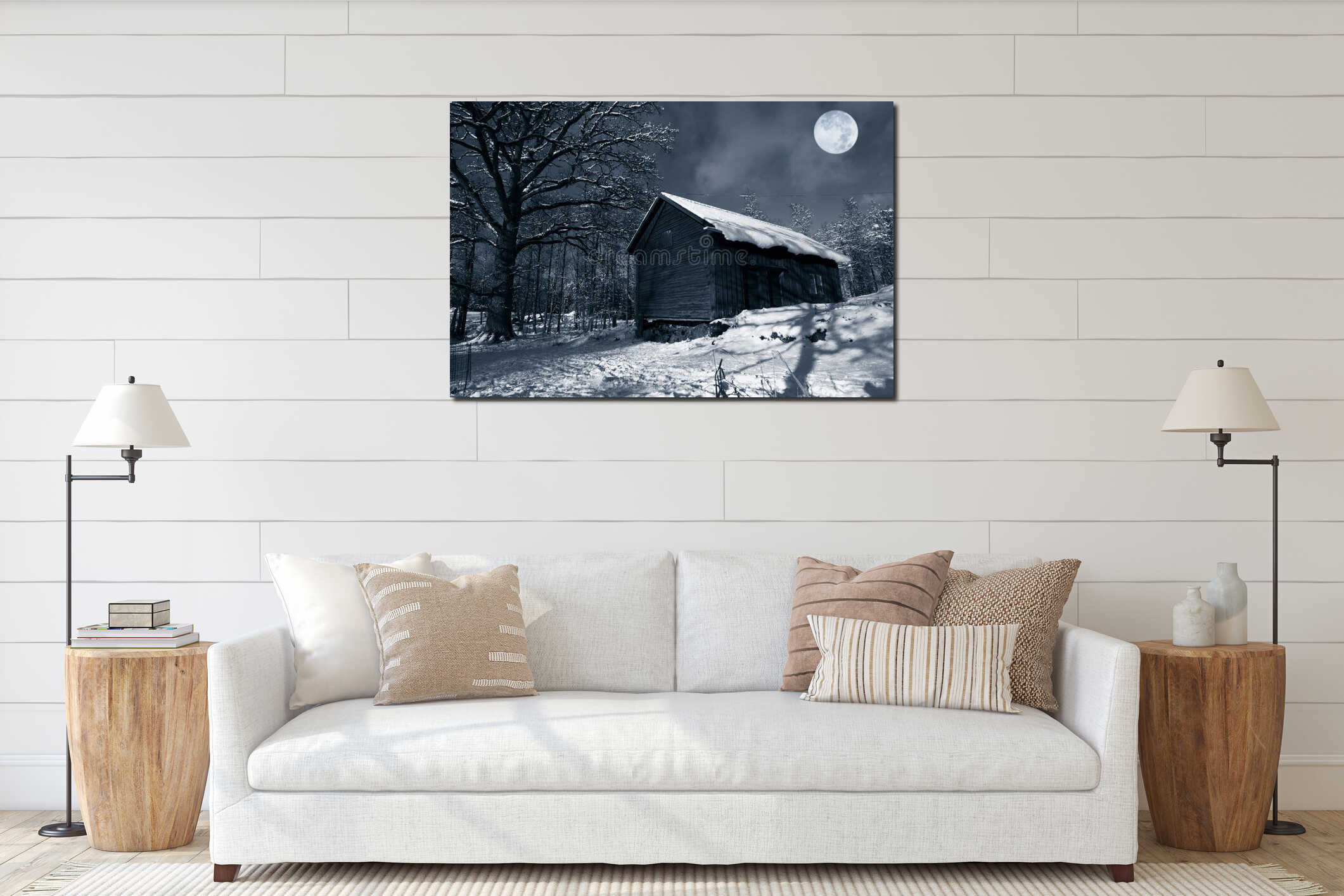 Old barn in winter snow interior mockup