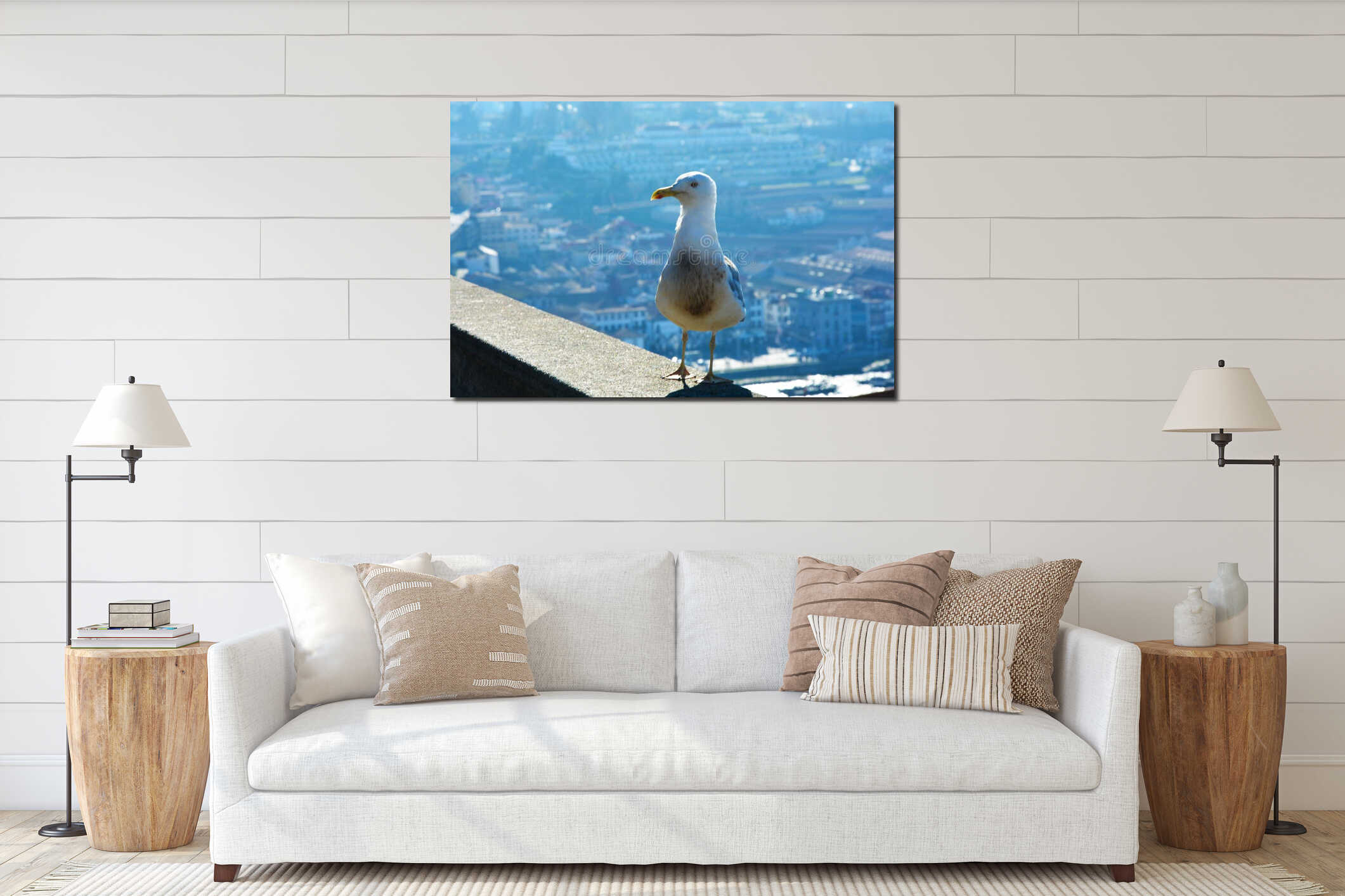 seagull sits on the parapet on the embankment interior mockup