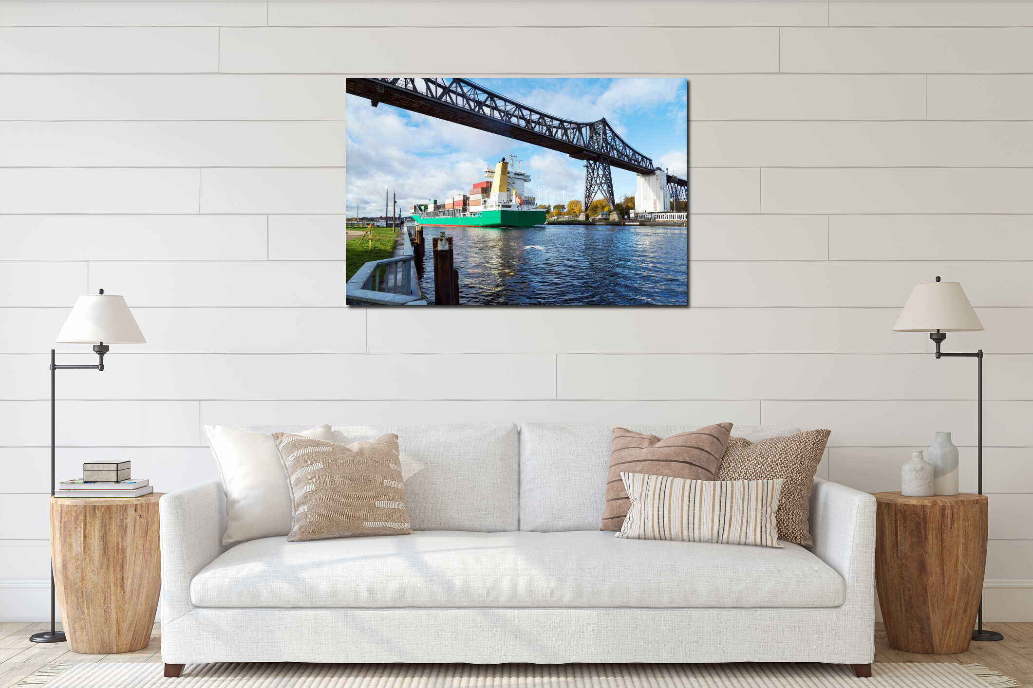 Nord-Ostsee-Kanal in Rendsburg with container ship under the historical bridge, Germany interior mockup