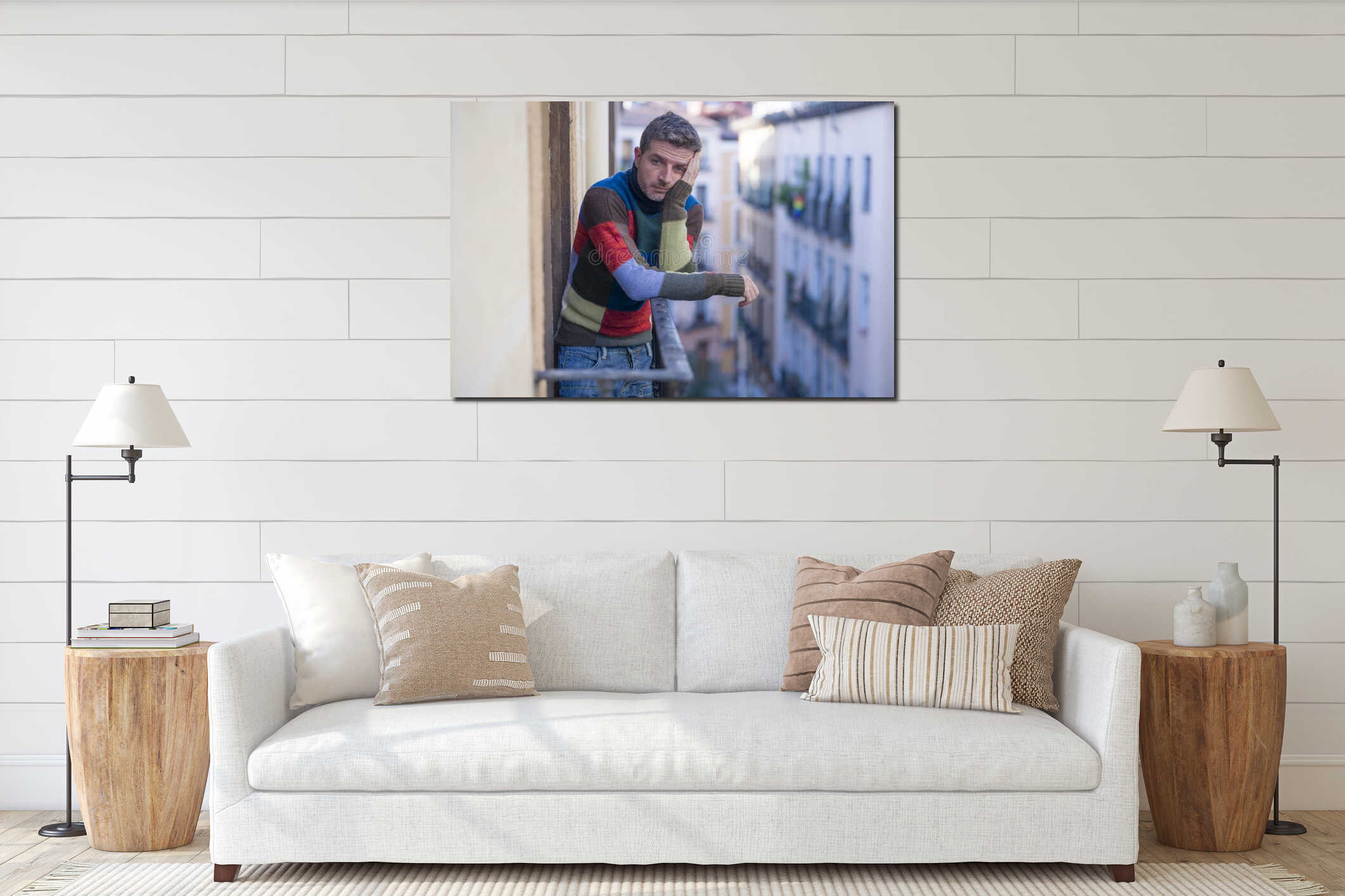 Urban lifestyle emotional portrait of 40s handsome man sad and depressed at home balcony leaning upset feeling worried suffering interior mockup