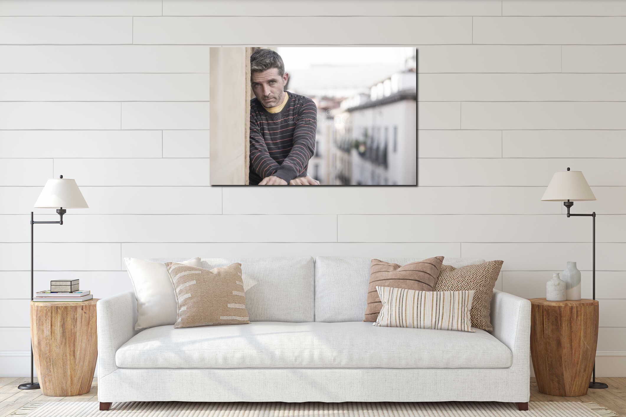 Urban lifestyle emotional portrait of 30s handsome man sad and depressed at home balcony leaning upset feeling desperate suffering interior mockup