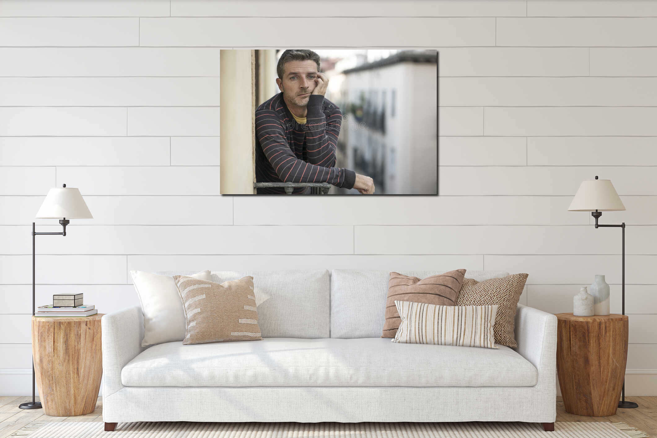 Urban lifestyle emotional portrait of 40s handsome man sad and depressed at home balcony leaning upset feeling worried suffering interior mockup