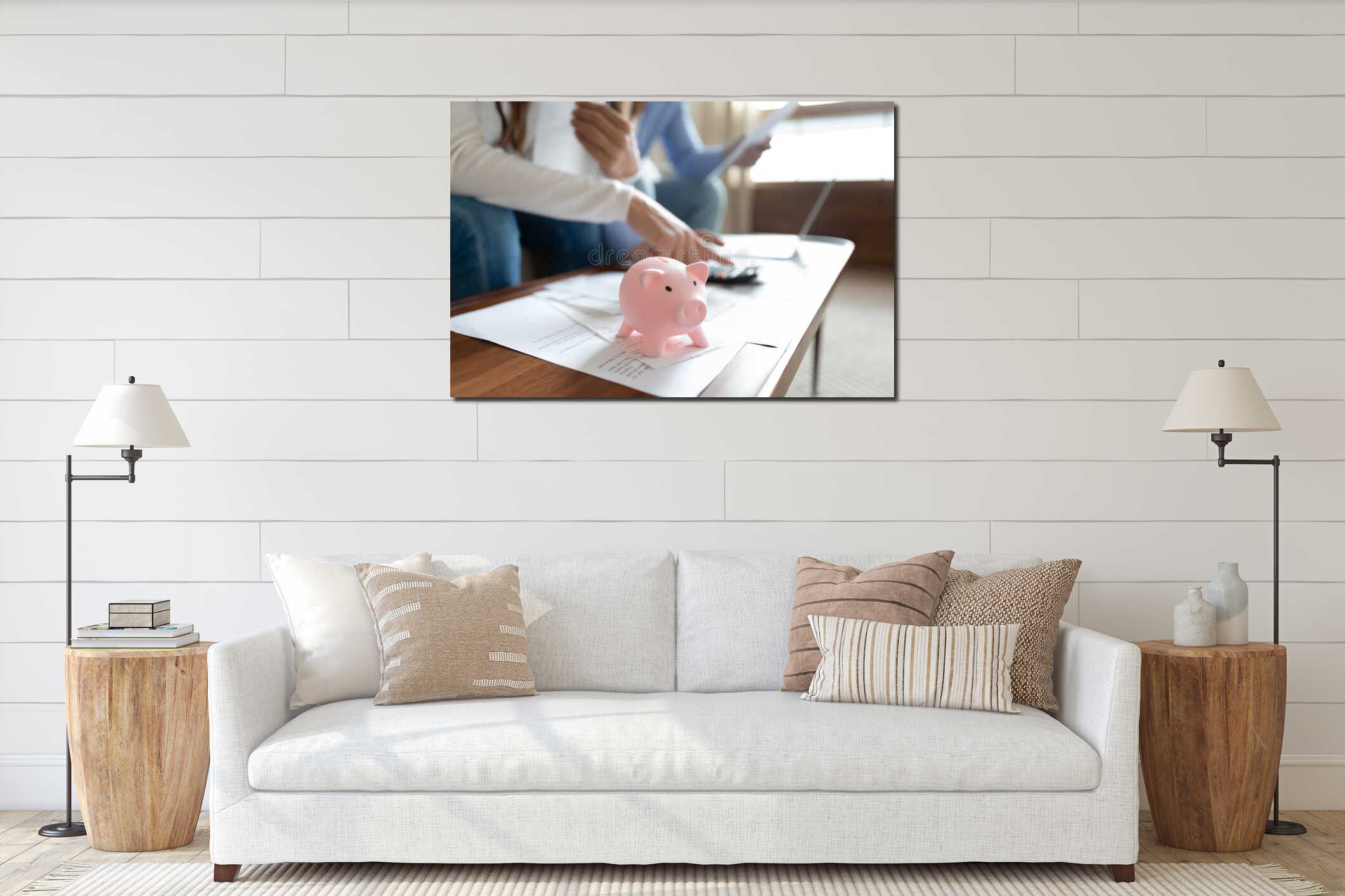 Young family couple managing financial monthly budget. interior mockup