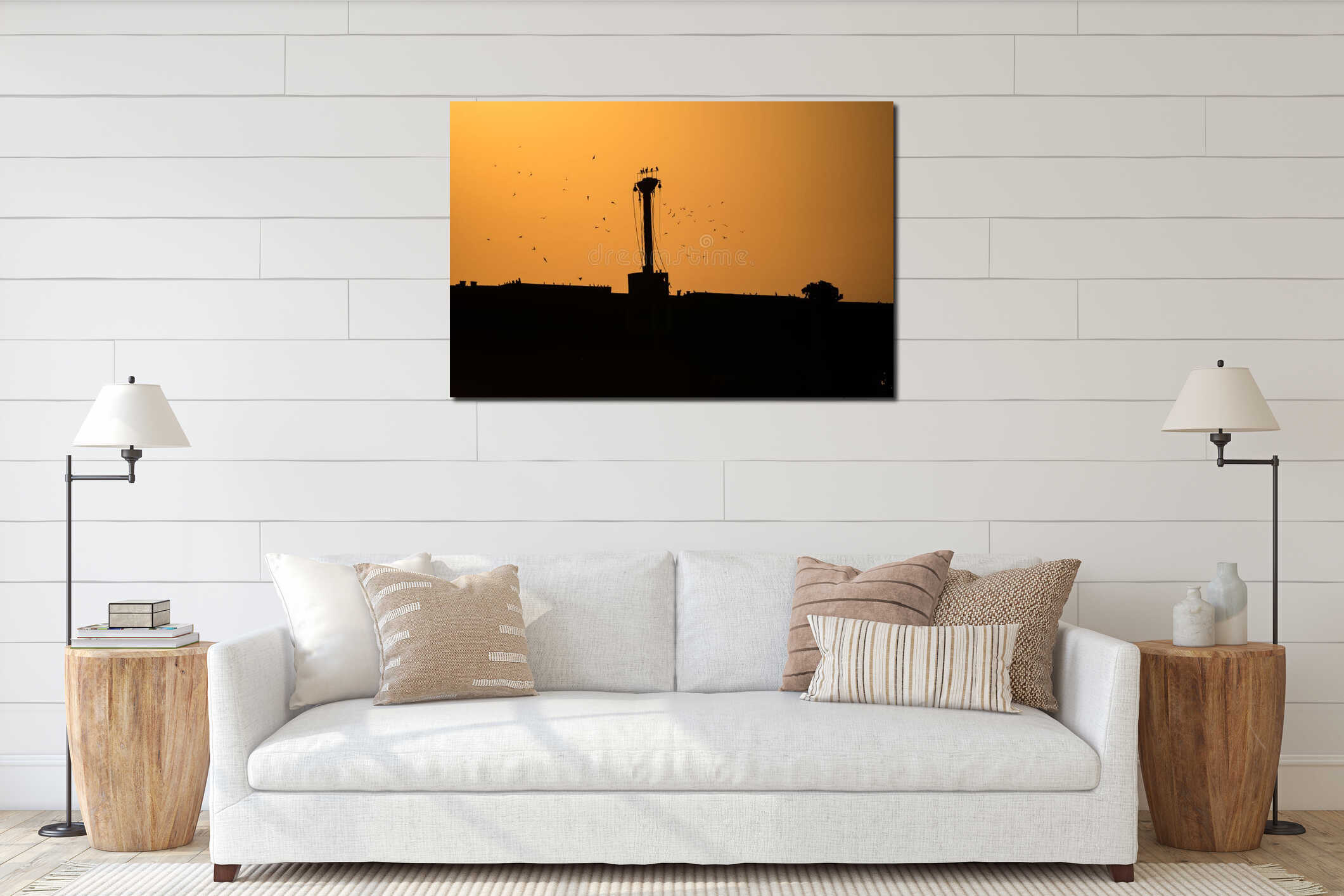 Beautiful landscape by the sea, at sunrise. Seabirds flying over a shipwreck. silhouettes interior mockup