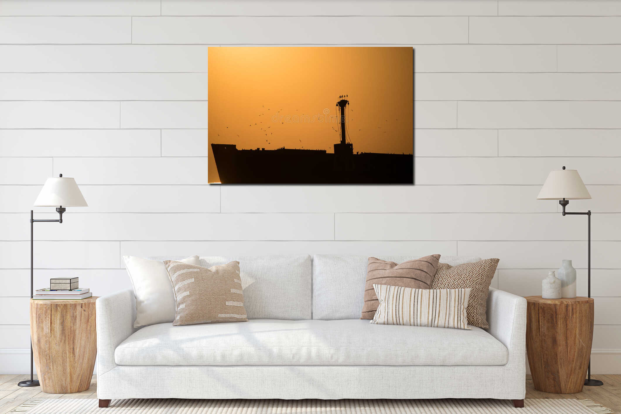 Beautiful landscape by the sea, at sunrise. Seabirds flying over a shipwreck. silhouettes interior mockup