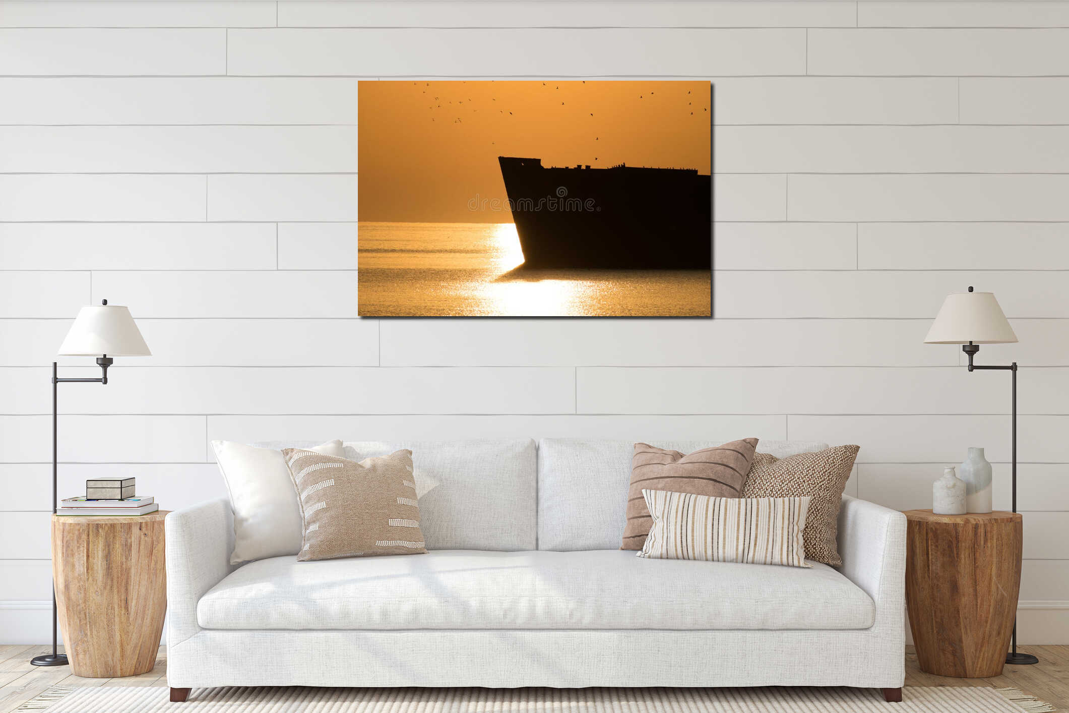 Beautiful landscape by the sea, at sunrise. Seabirds flying over a shipwreck. silhouettes interior mockup