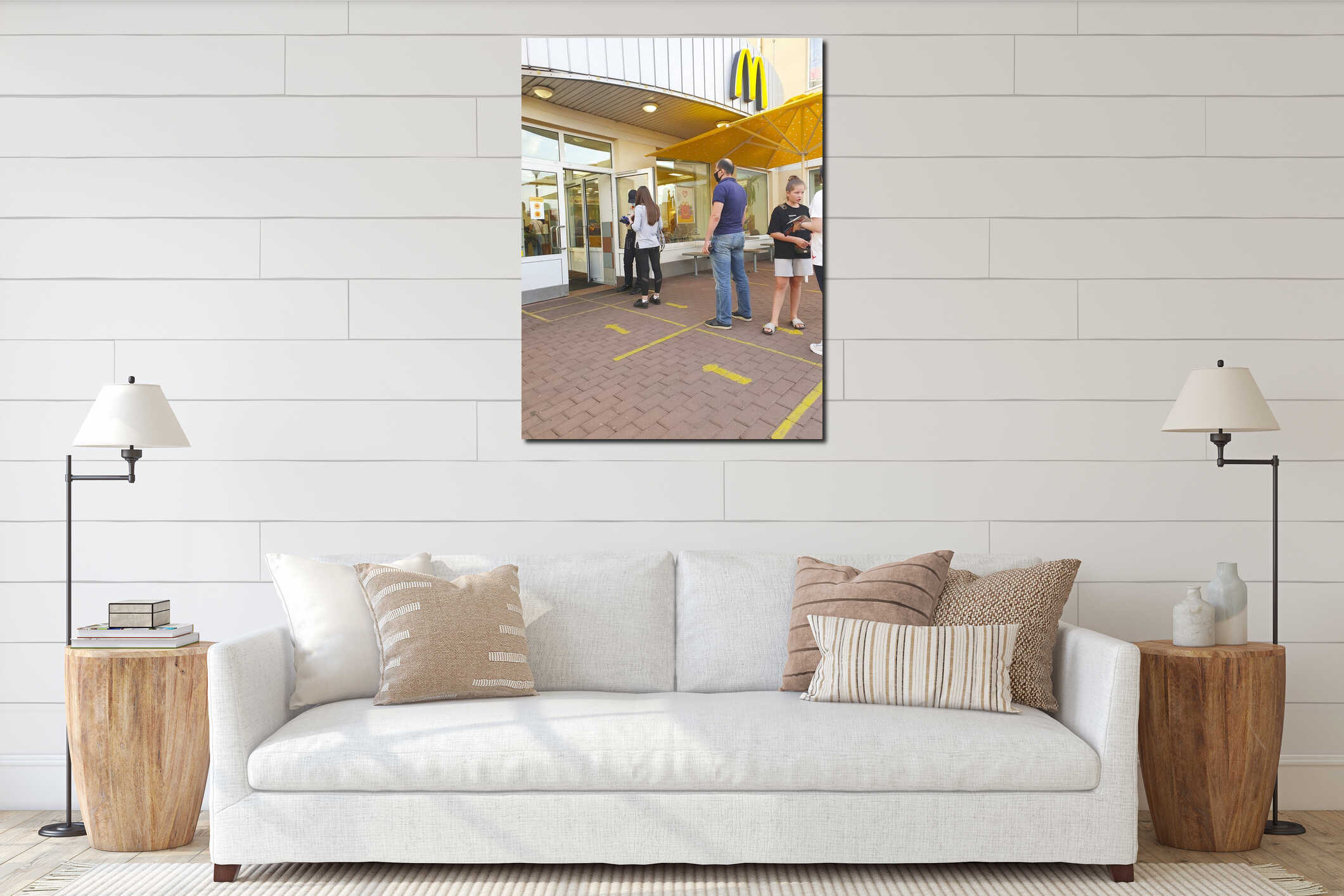 July 16, 2020 Ukraine, Kiev queue purchase McDonald`s restaurant interior mockup