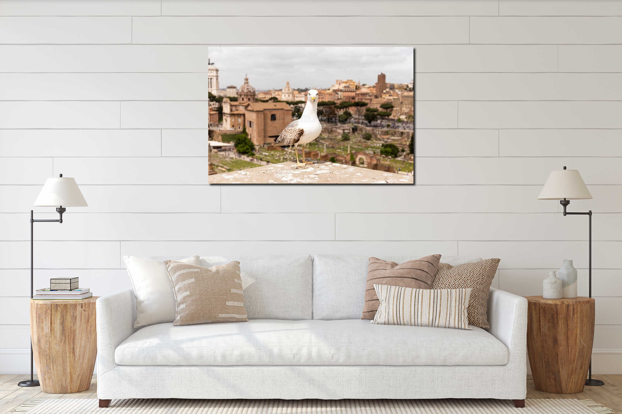 Seagull in front of old buildings in rome, italy interior mockup