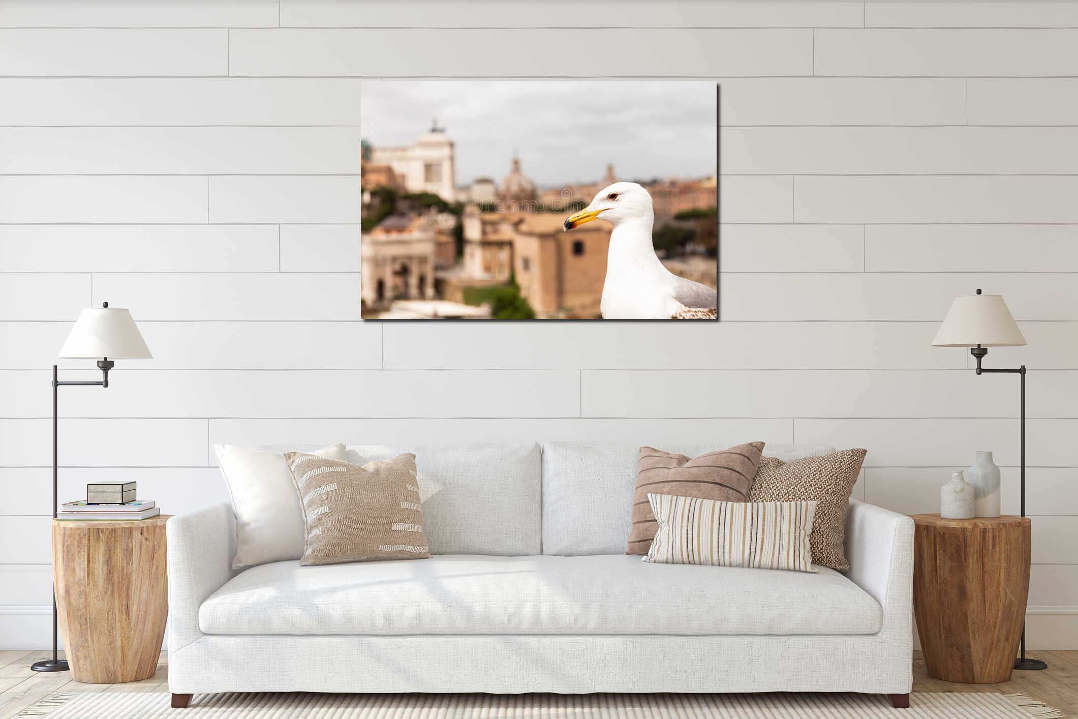Seagull in front of buildings in rome, italy interior mockup