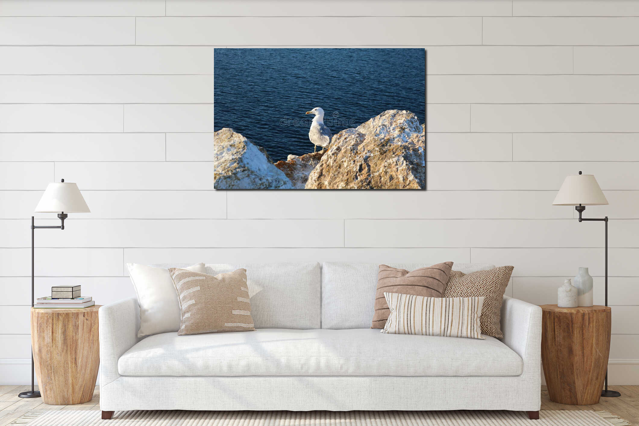 Seagull watching the sunset. interior mockup