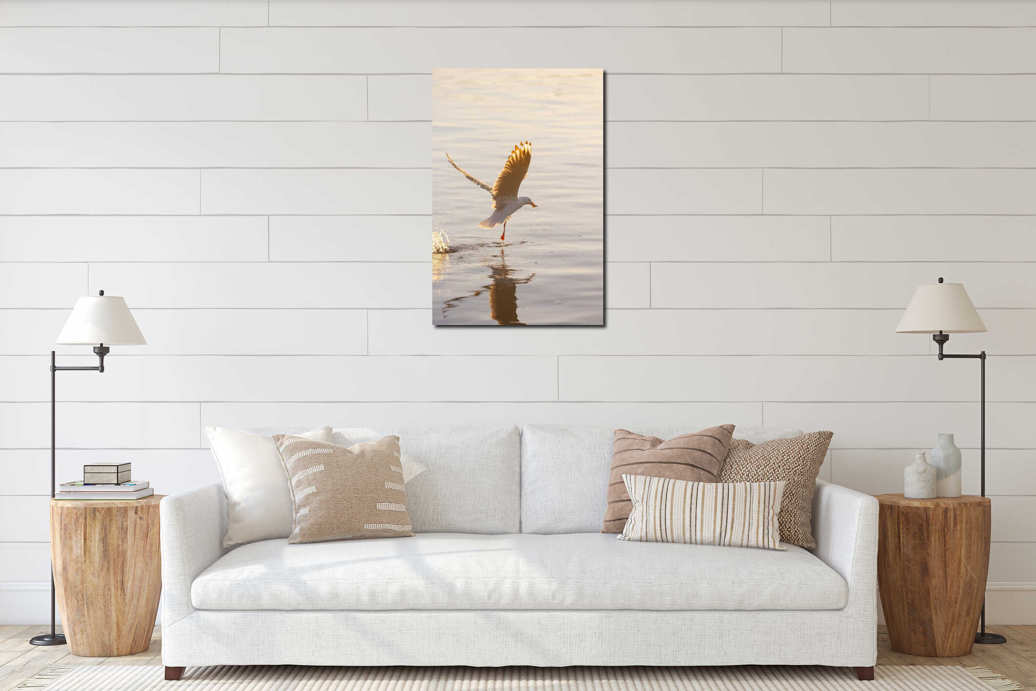 Seagull flying low over the water and hunt for fish interior mockup