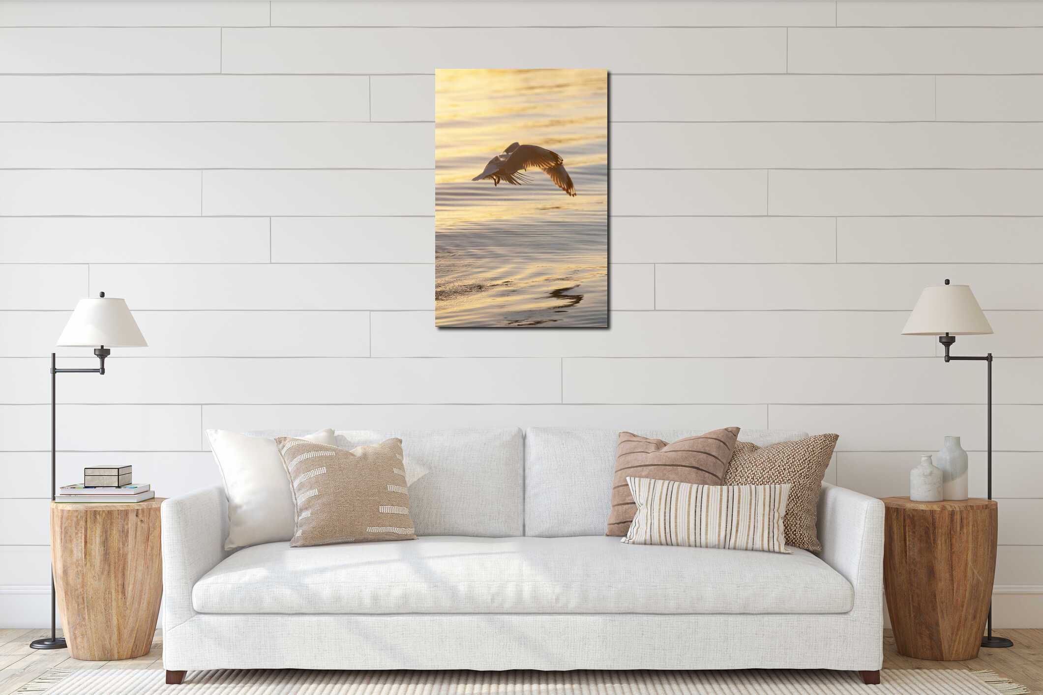 Seagull flying low over the water and hunt for fish interior mockup