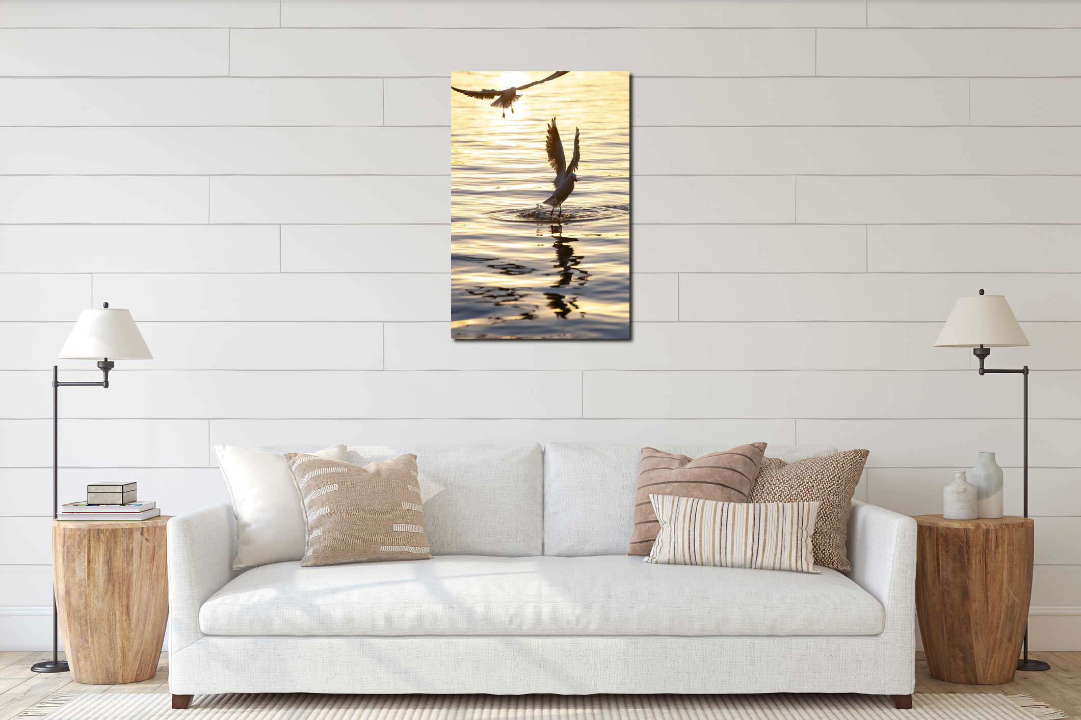 Two seagulls flying over the water and hunting fish interior mockup