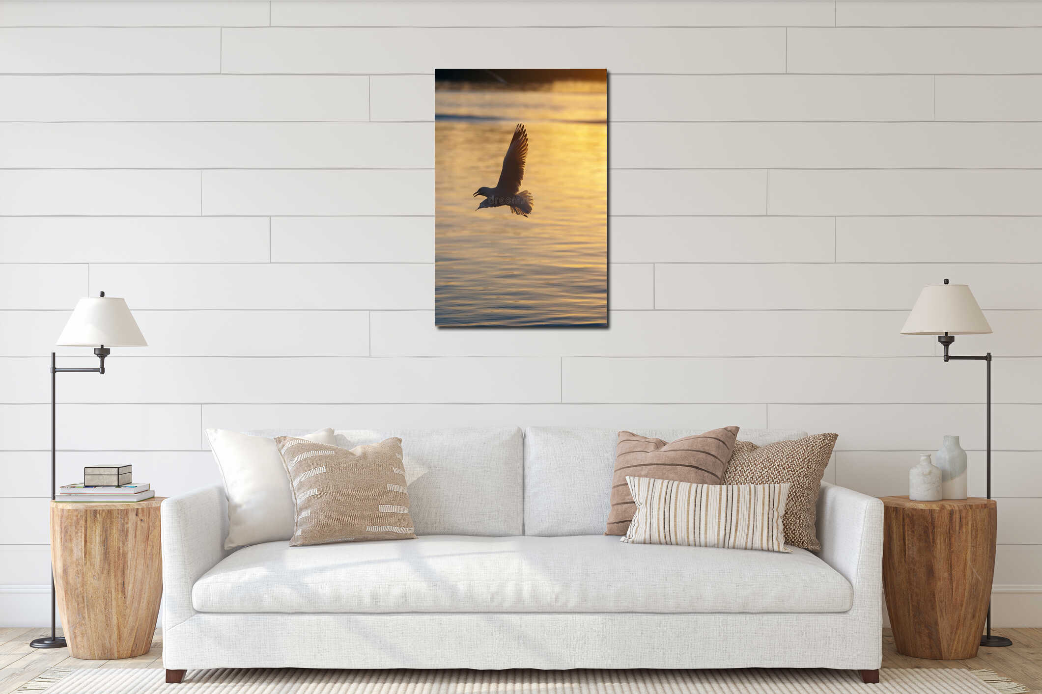 Seagull flying low over the water and hunt for fish interior mockup