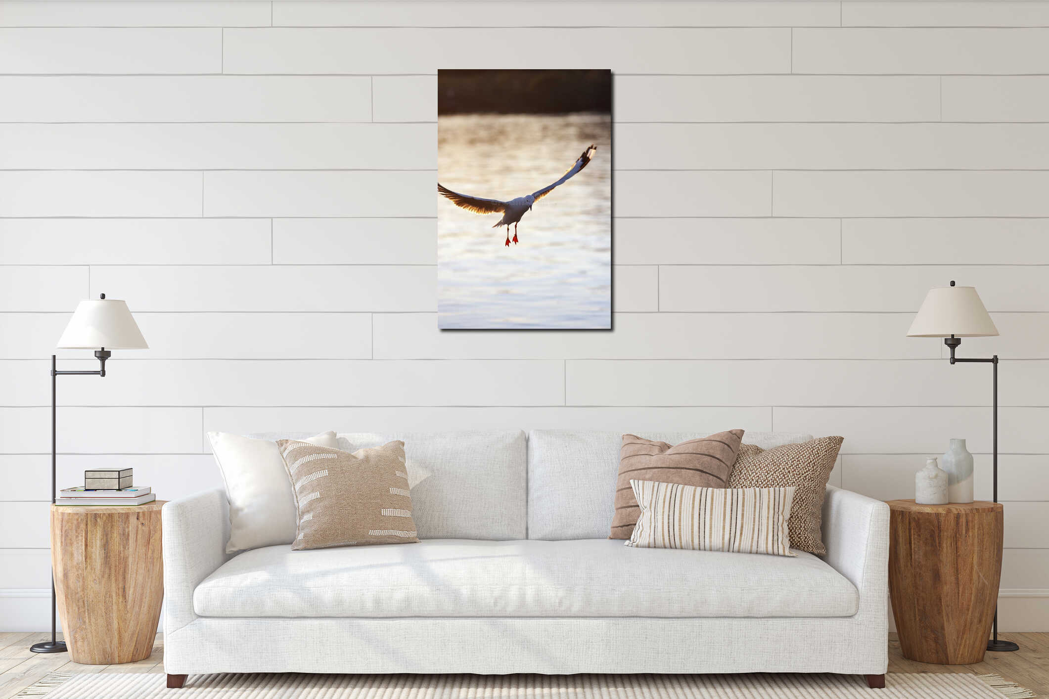Seagull flying low over the water and hunt for fish interior mockup