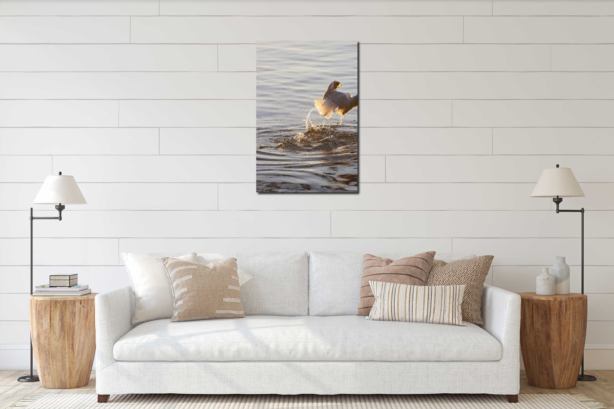 Seagull flying low over the water and hunt for fish interior mockup