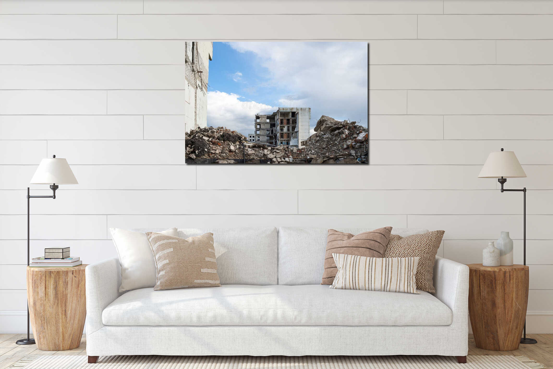 Concrete debris with rebar and a collapsed wall in the foreground against the remains of a large building. Background. interior mockup