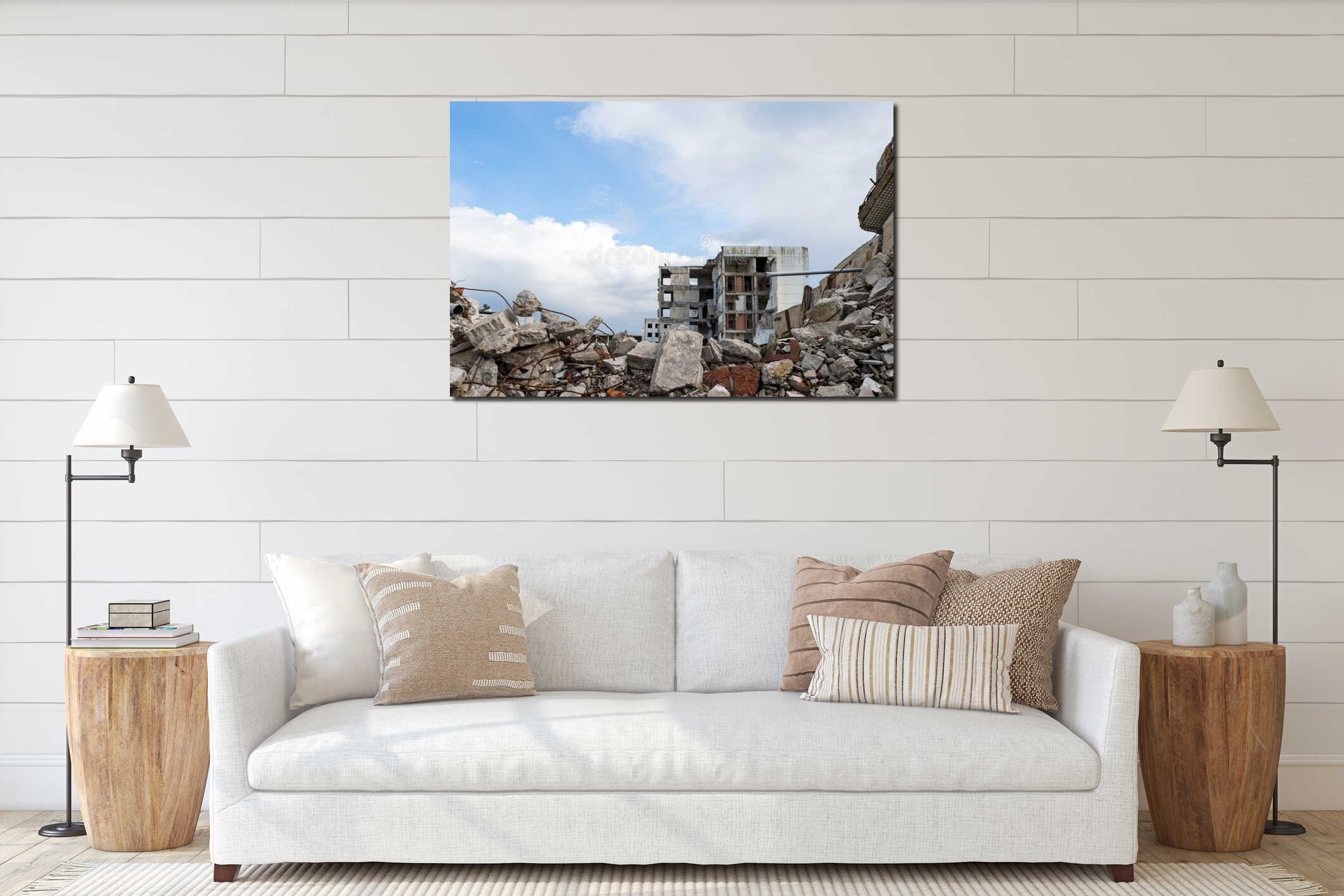 Concrete debris with rebar against the background of a destroyed building and a gray sky. Background. interior mockup