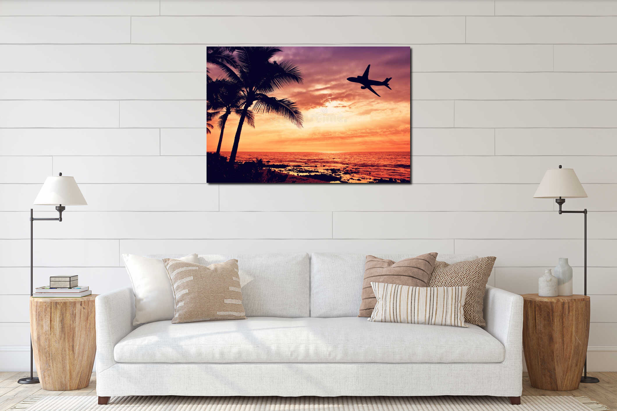 Tropical sunset with palm tree and airplane silhouettes interior mockup