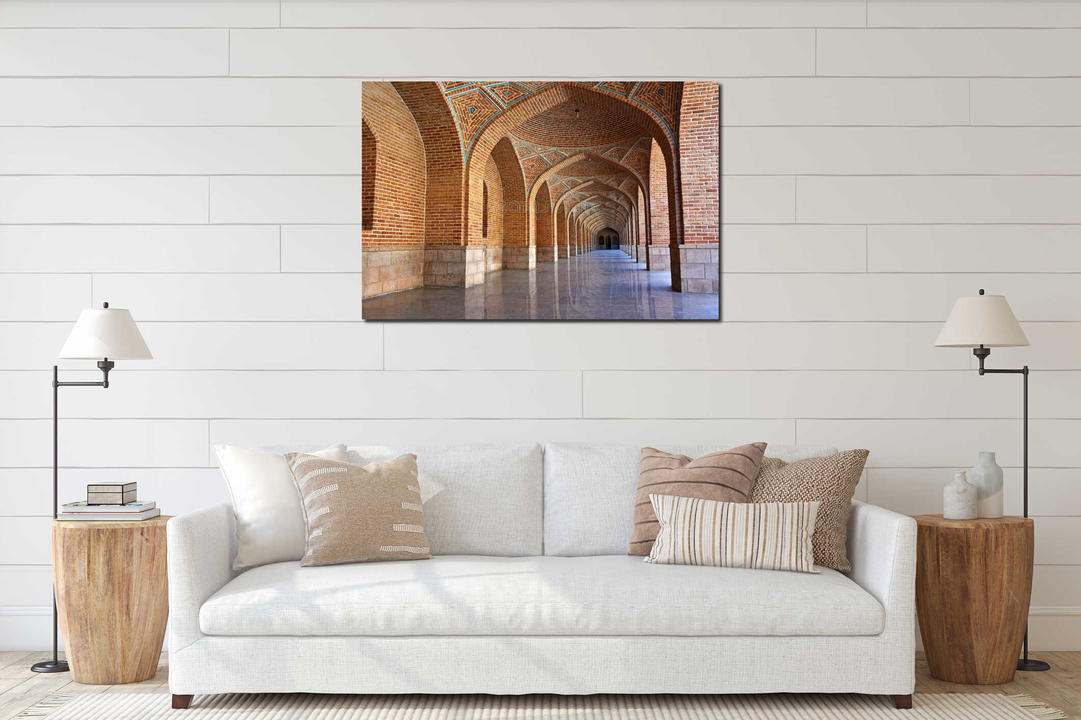 Arched corridor in the courtyard of Blue Mosque or Masjed Kabud , Tabriz , Iran interior mockup