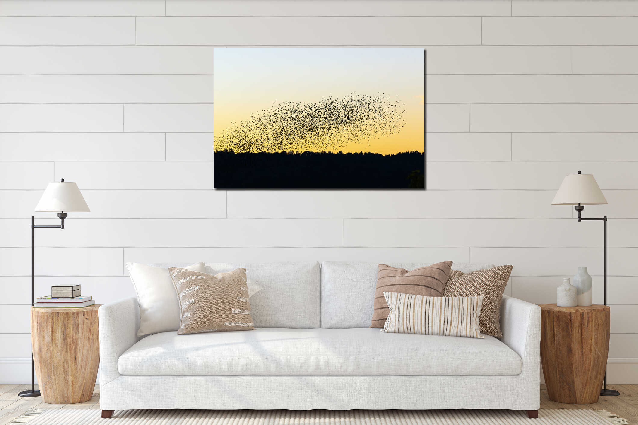 Sunset with a large flock of Jackdaws in silhouette interior mockup