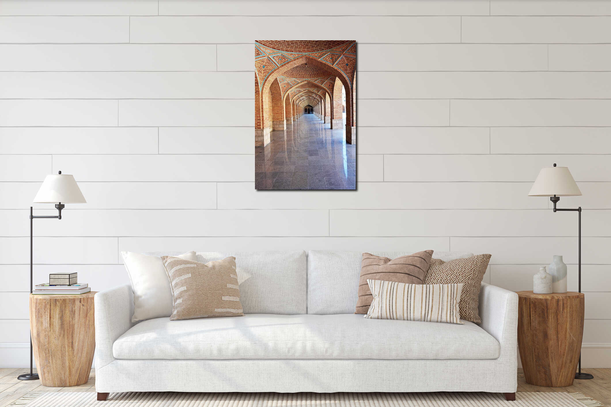 Arched corridor in the courtyard of Blue Mosque or Masjed Kabud , Tabriz , Iran interior mockup
