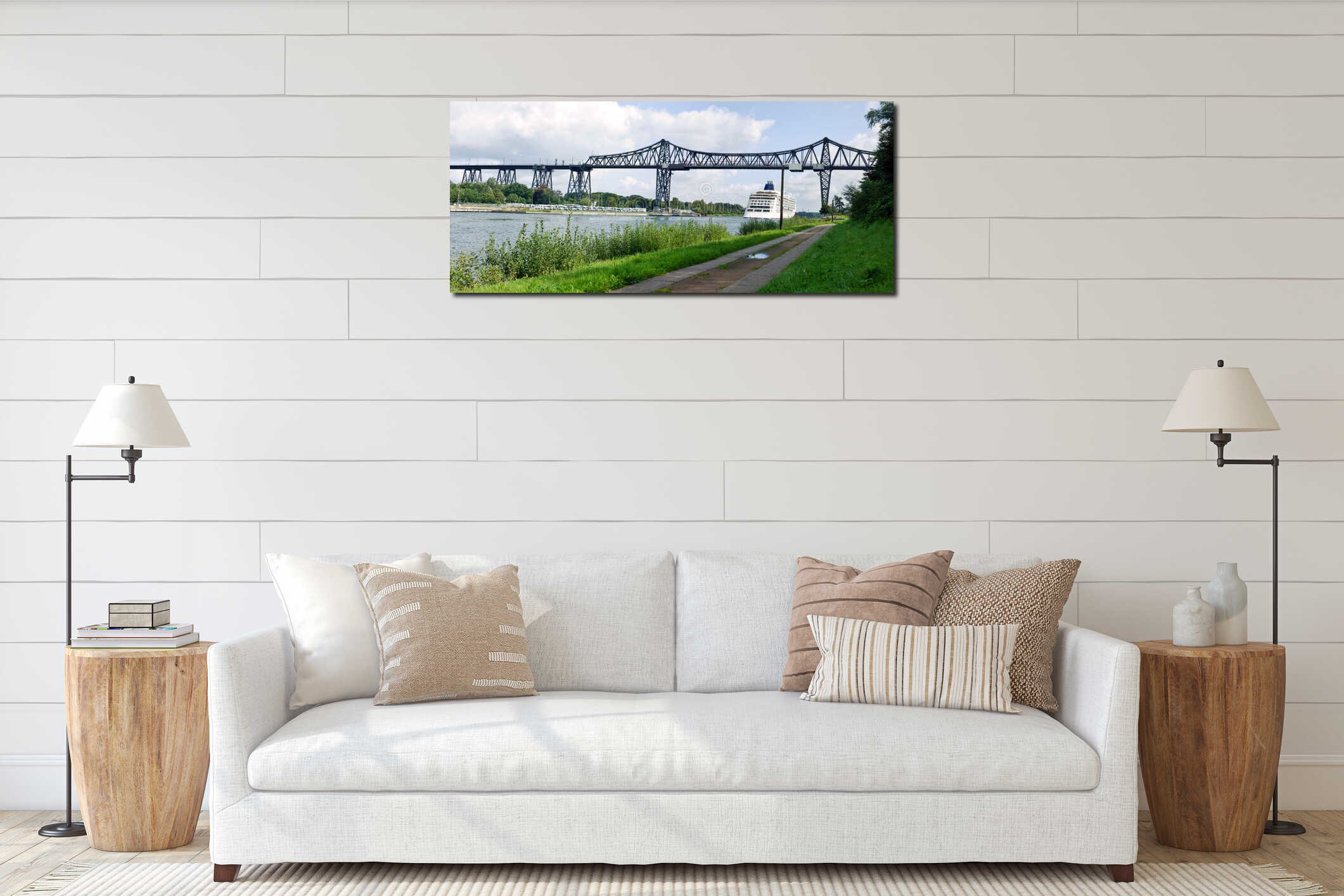 The historical railway bridge with cruise ship in Rendsburg, Germany interior mockup