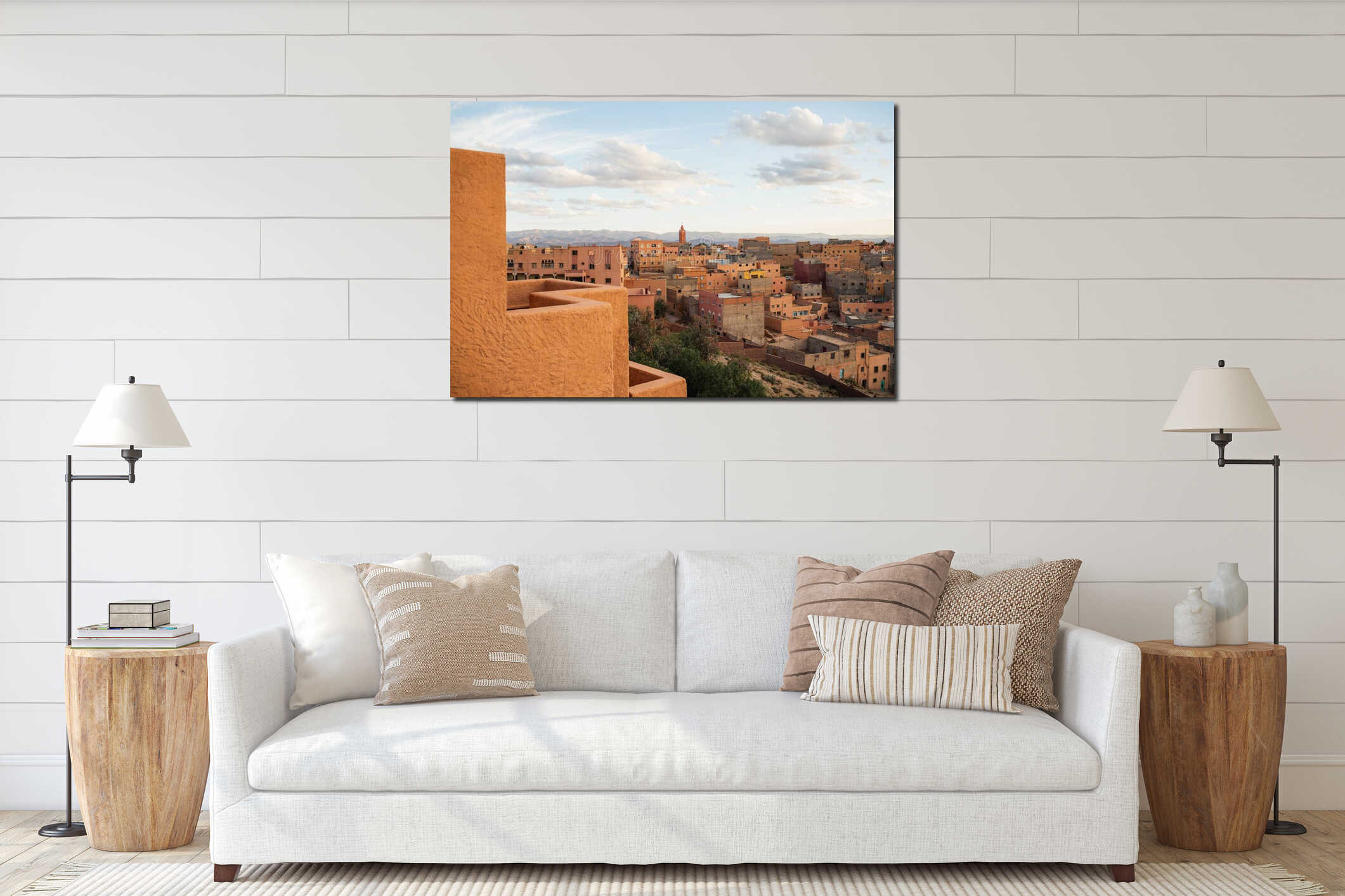 Aerial view of old moroccan town Boumalne at sunset. Traditional architecture interior mockup