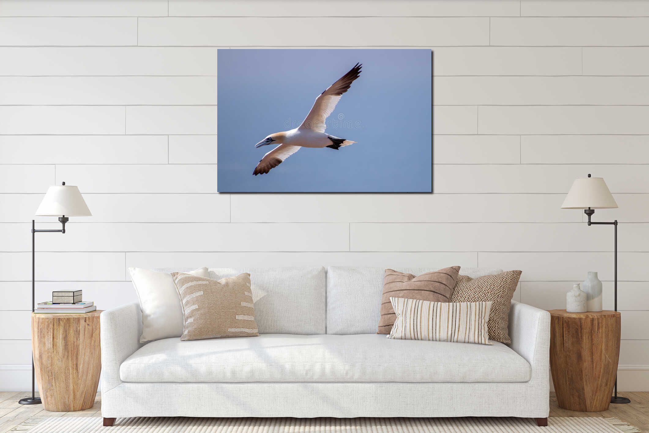 Beautiful shot of a northern gannet bird flying high above the sky interior mockup