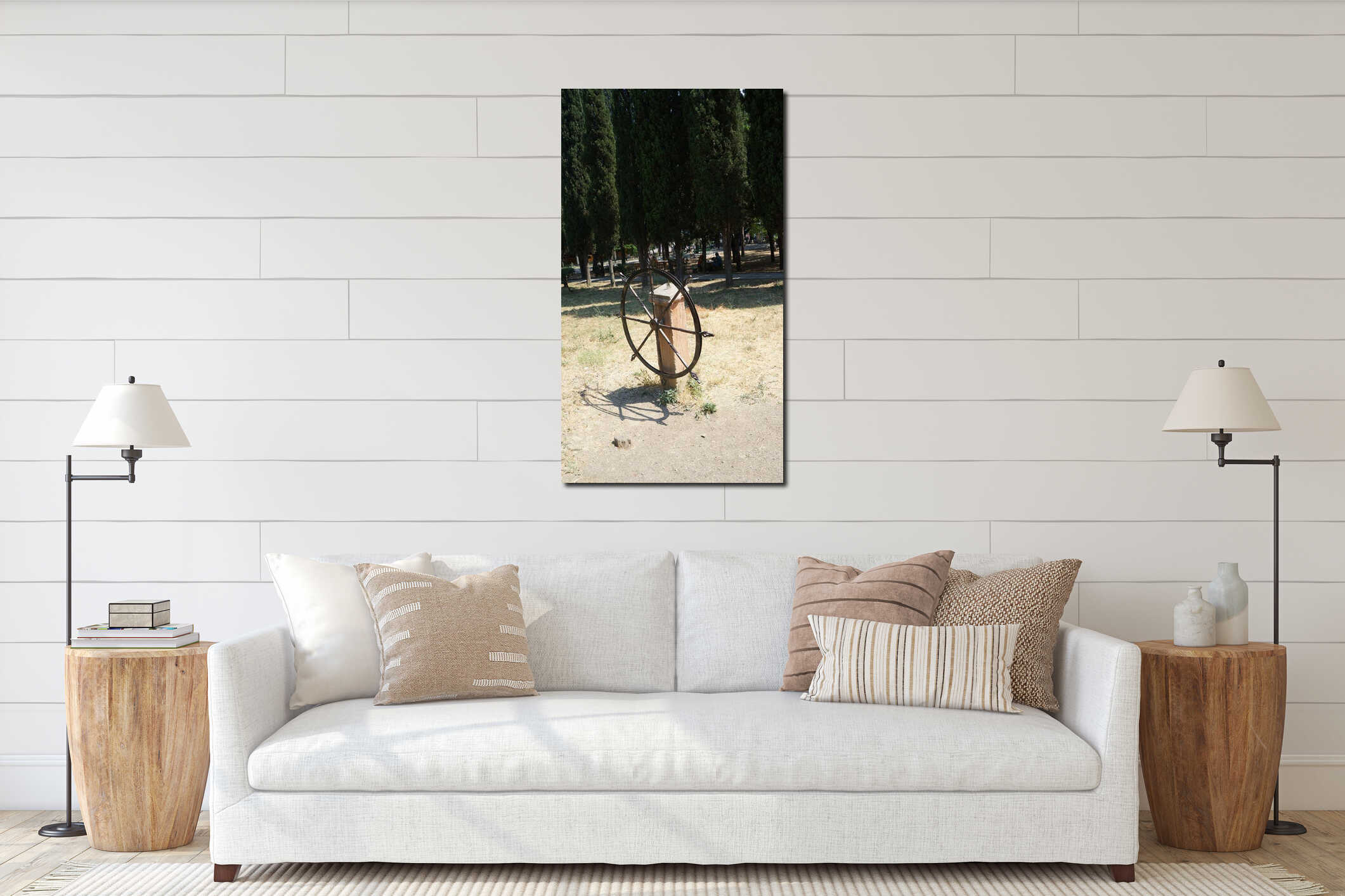 Vertical shot of a ship`s wheel attached to a wooden post in a park`s playground interior mockup