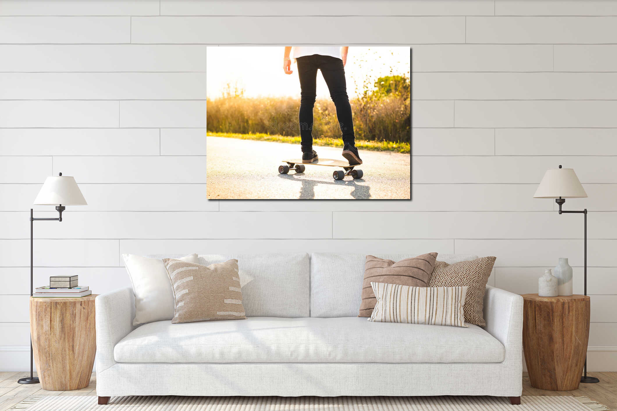 Shallow focus shot of a young male riding a skateboard interior mockup