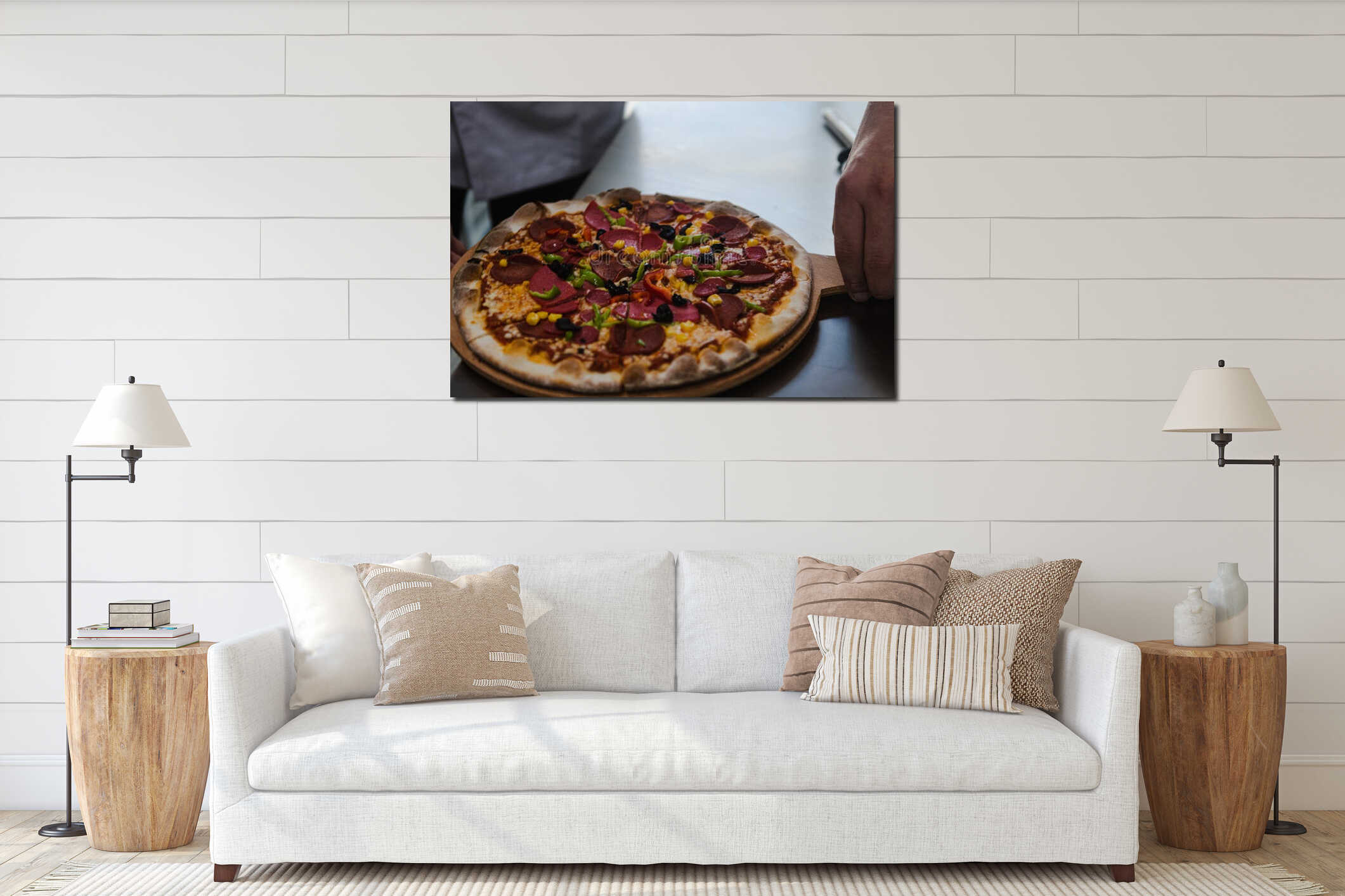 High angle shot a delicious pizza on a wooden plate on the kitchen counter interior mockup