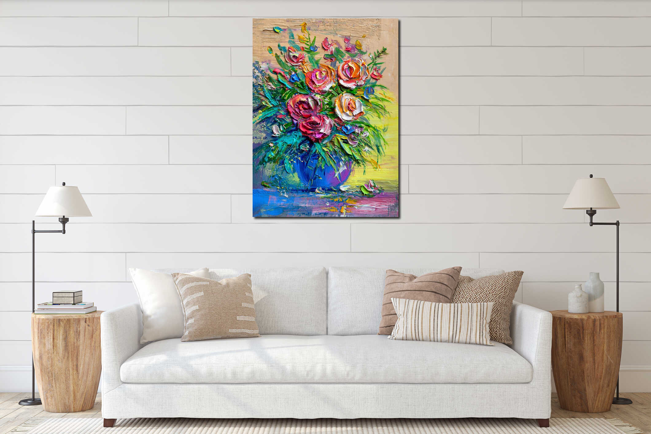 Oil Painting roses flowers in a vase. interior mockup