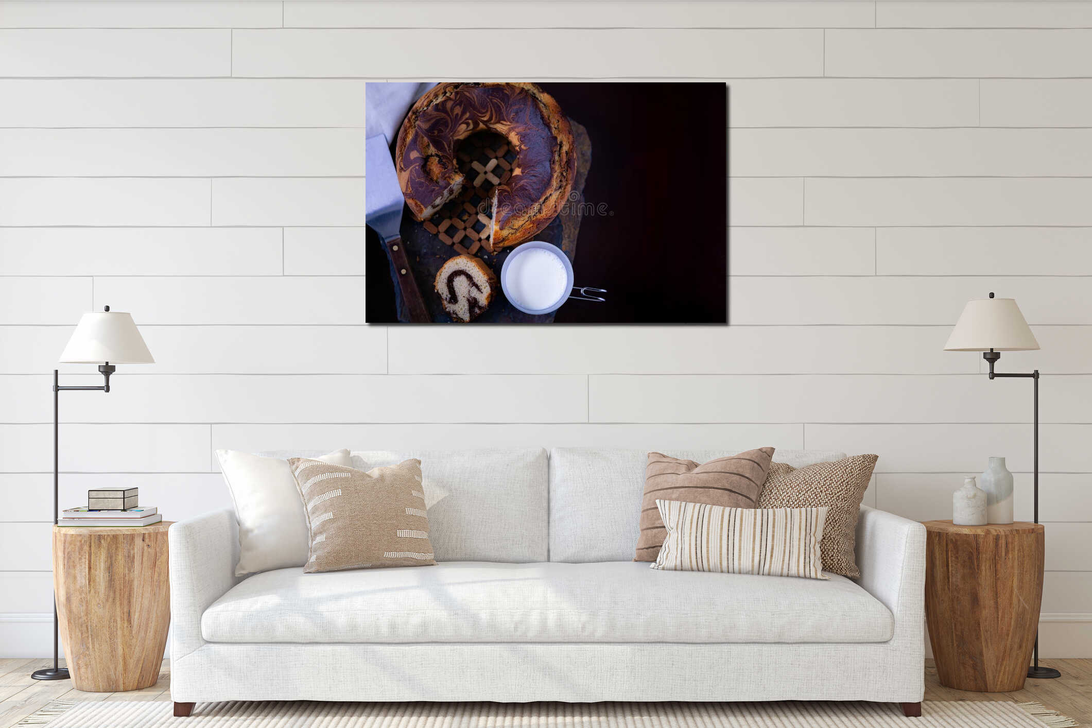 High angle shot of a delicious homemade marble pound cake and cup of fresh milk on a slate board interior mockup
