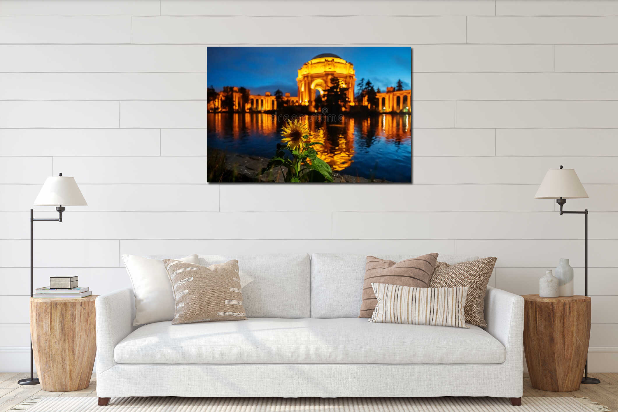 Shallow focus shot of a lone sunflower taken from the Palace of Fine Arts Marina, San Francisco, USA interior mockup