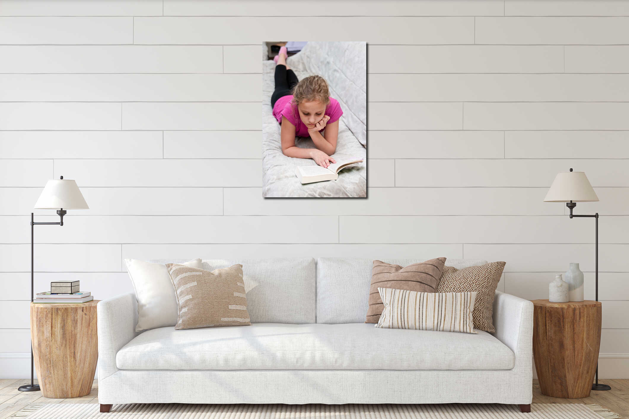 Young girl reading book interior mockup