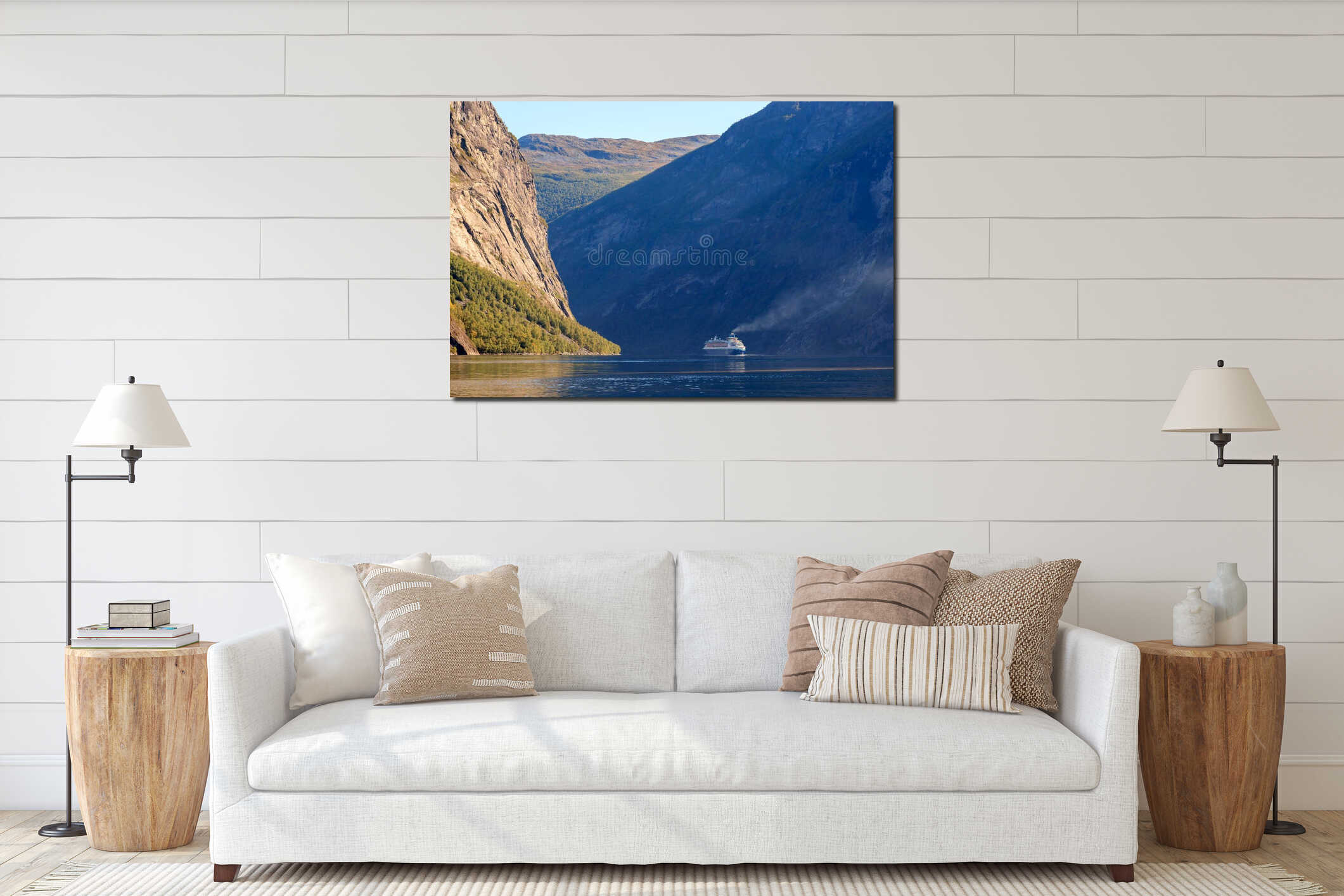 Large cruise vessel in the most beautiful Geiranger fjord in Norway with smoke and exhaust in the fjord interior mockup