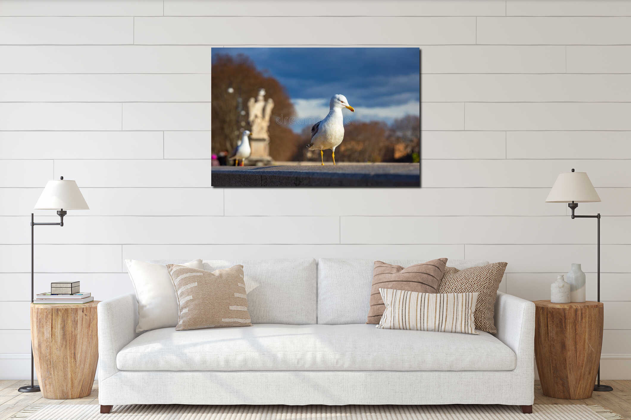 Seagull siting at the Saint Angel bridge in Rome, Italy interior mockup