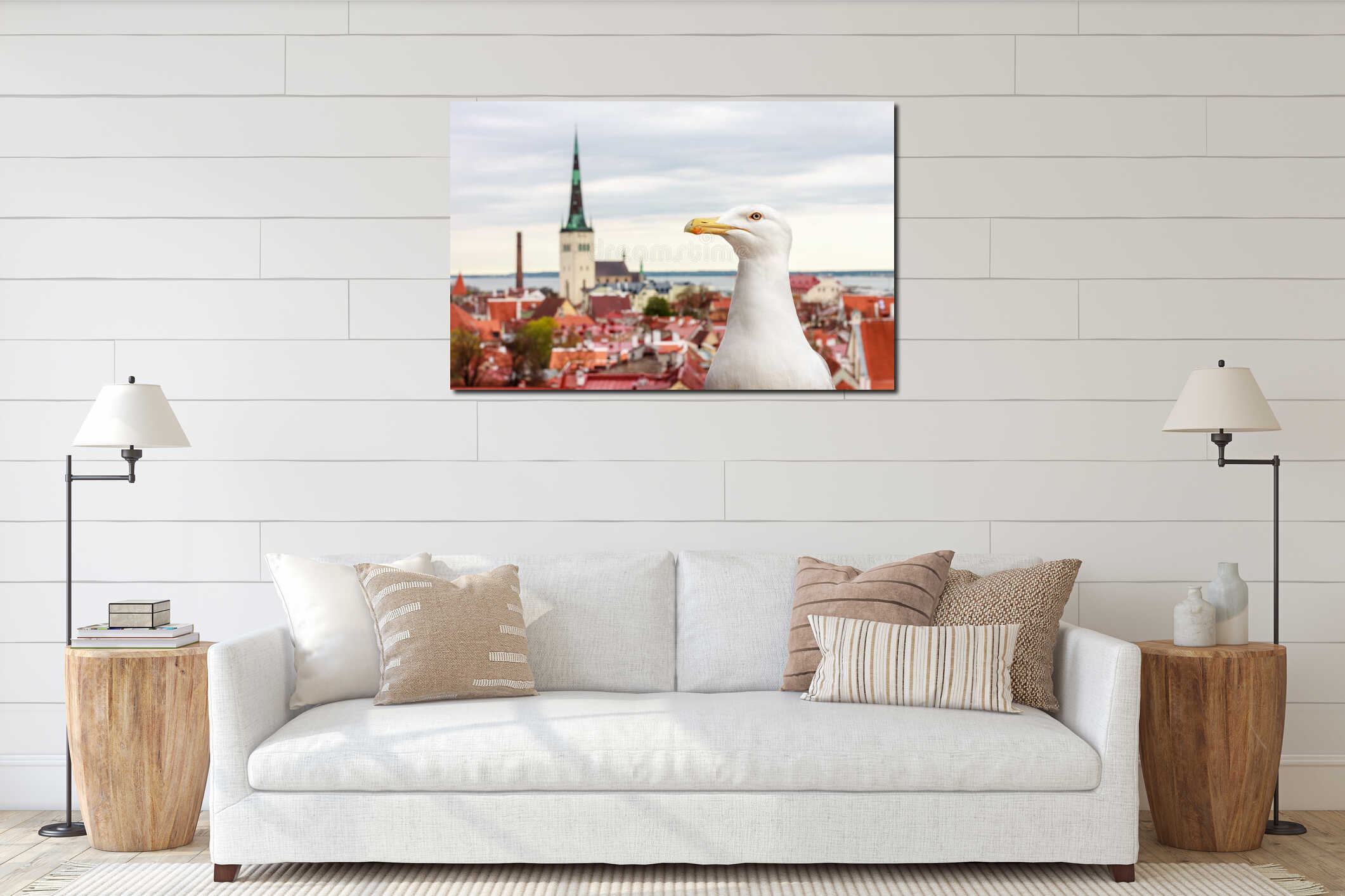 Seagull in front of Tallinn old town interior mockup