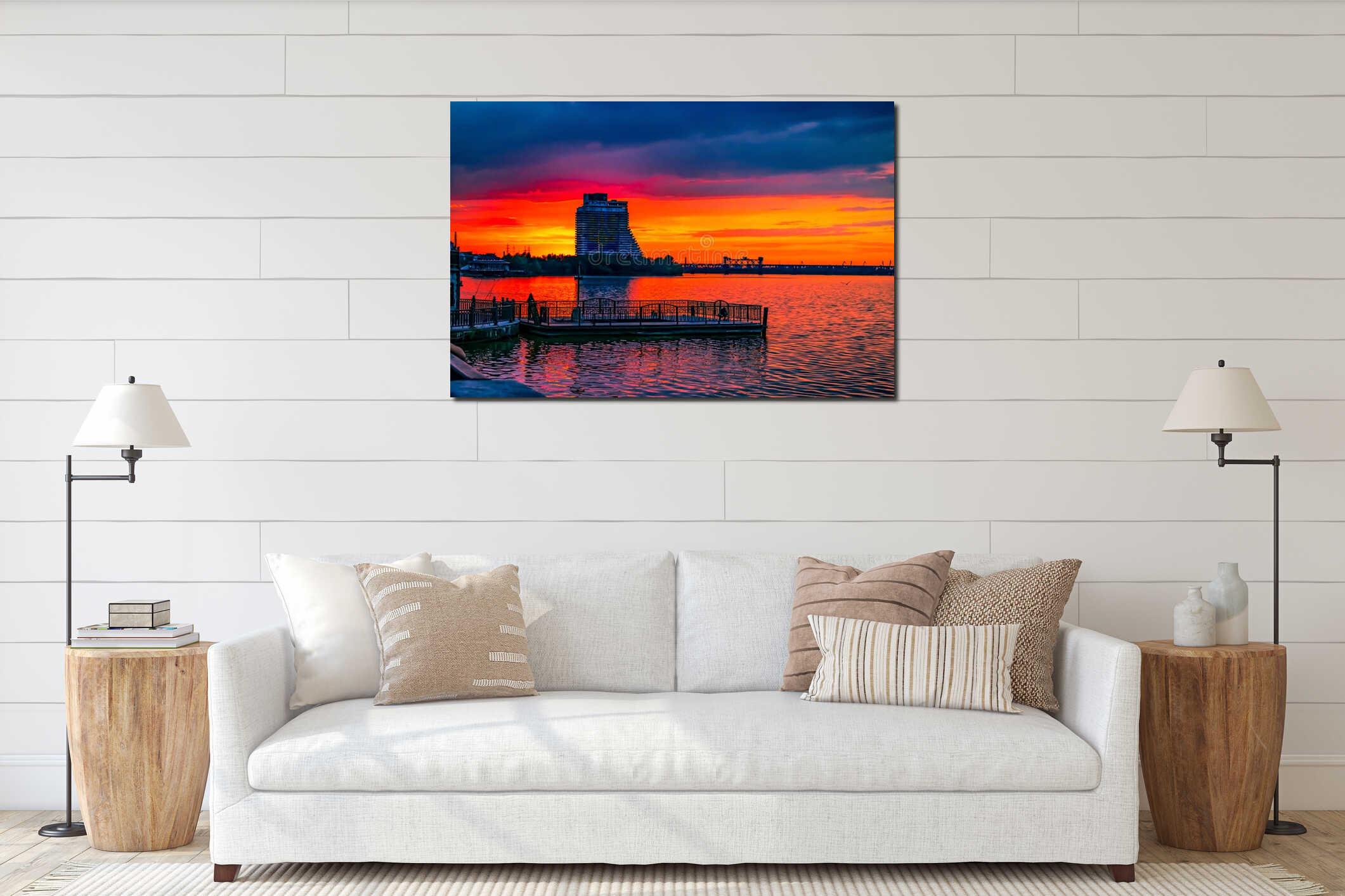 Abandoned hotel Parus in Dnipro city Ukraine against the background of sunset. Evening cityscape with a skyscraper on the interior mockup